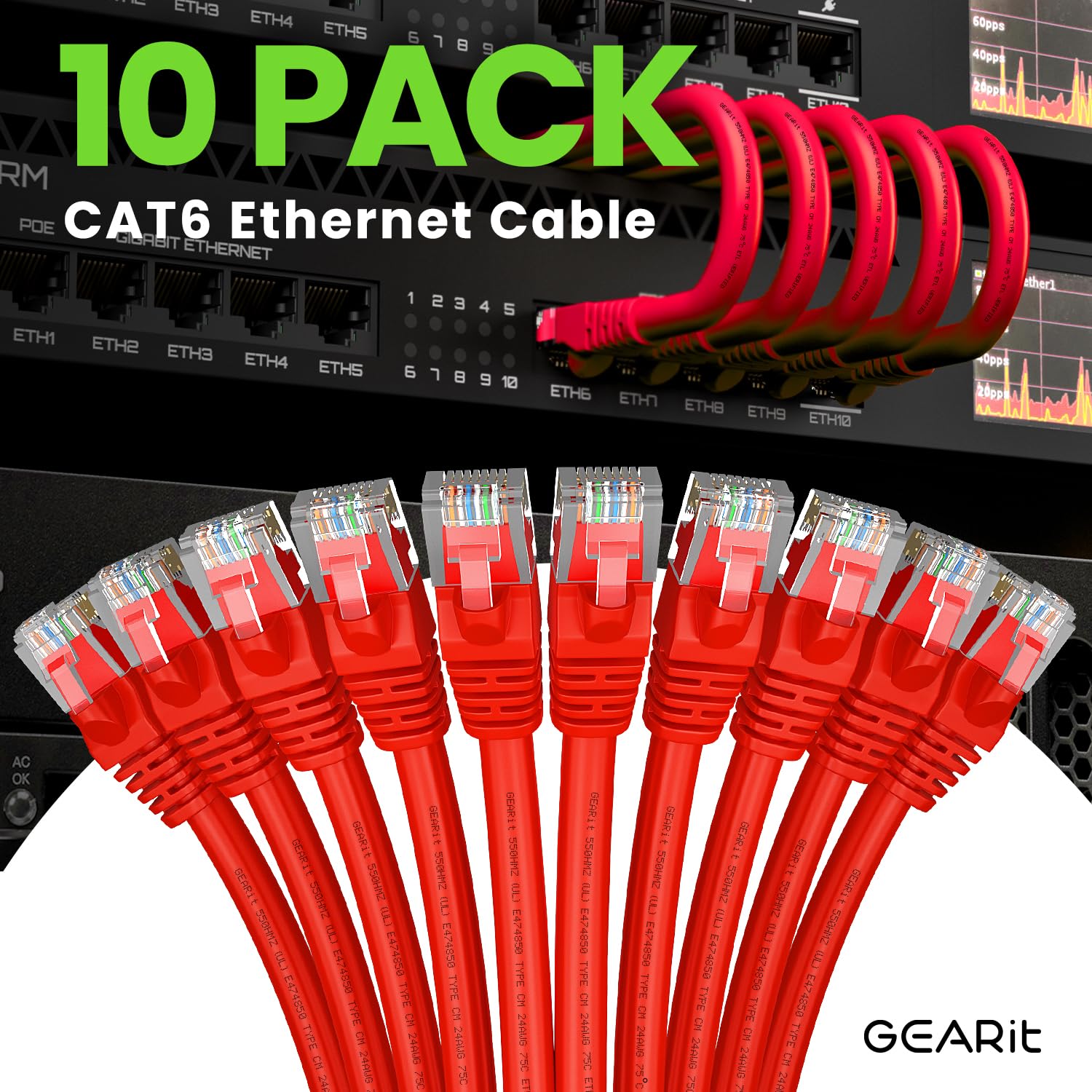 Foto 3 pulgar | Cable Ethernet Gearit Cat 6 (paquete De 10, 1,8 M), 10 Gbps Rj45, Rojo - Venta Internacional.