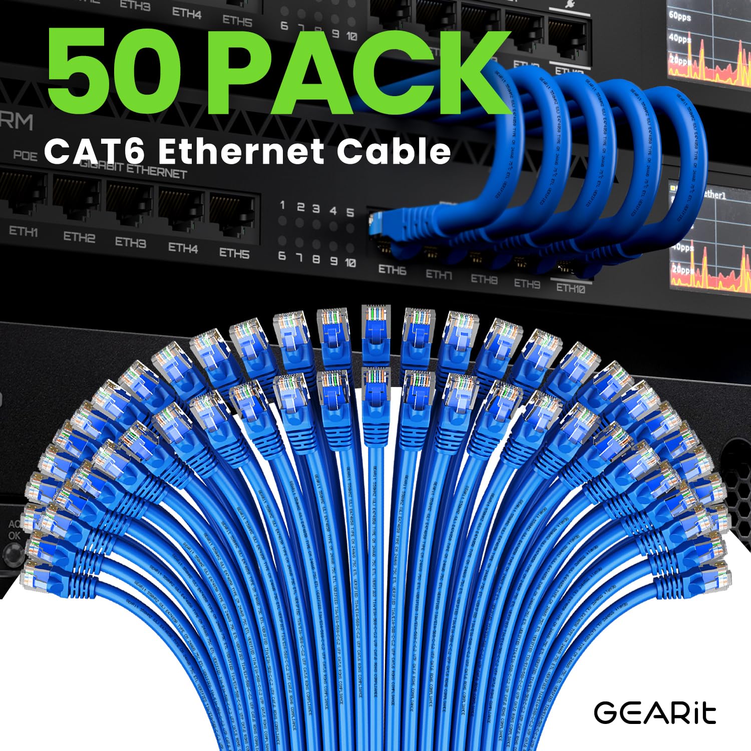 Foto 2 | Cable Ethernet Gearit Cat 6 De 1 Pie (30 Cm), 10 Gbps, 50 Unidades, Azul - Venta Internacional.