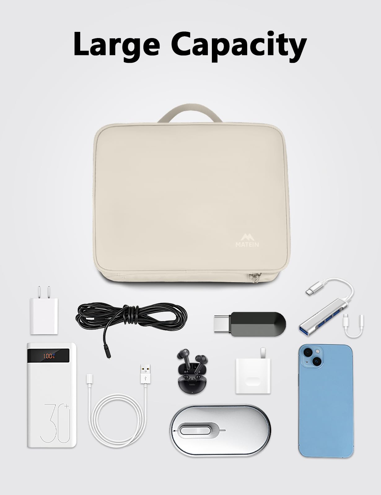 Foto 3 pulgar | Organizador Electrónico Matein, Bolsa Grande Para Cables, Color Beige Claro - Venta Internacional.