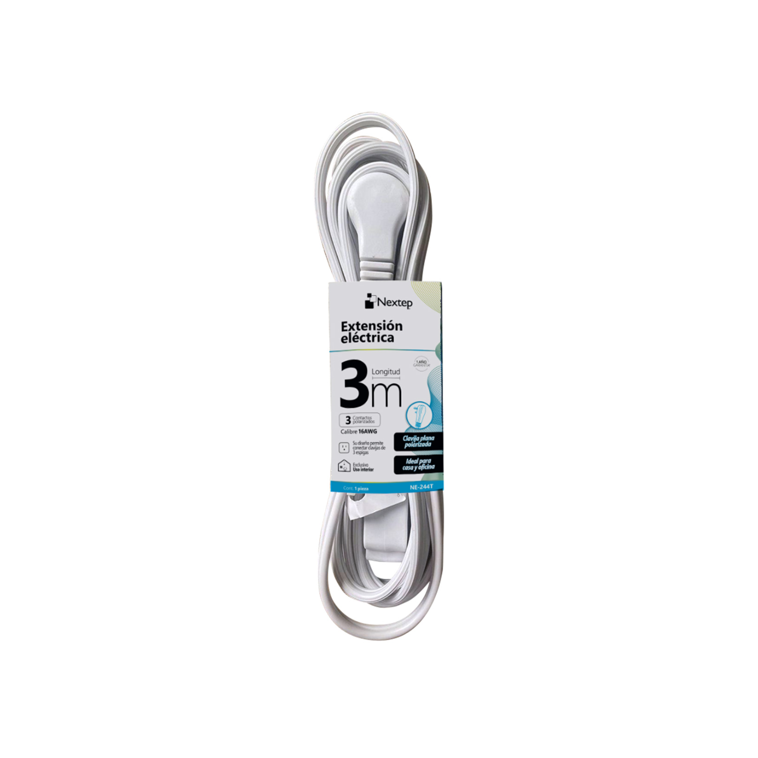 Foto 2 pulgar | Extension Electrica Nextep Para Casa/oficina 16awg 3m Clavija Plana Blanca