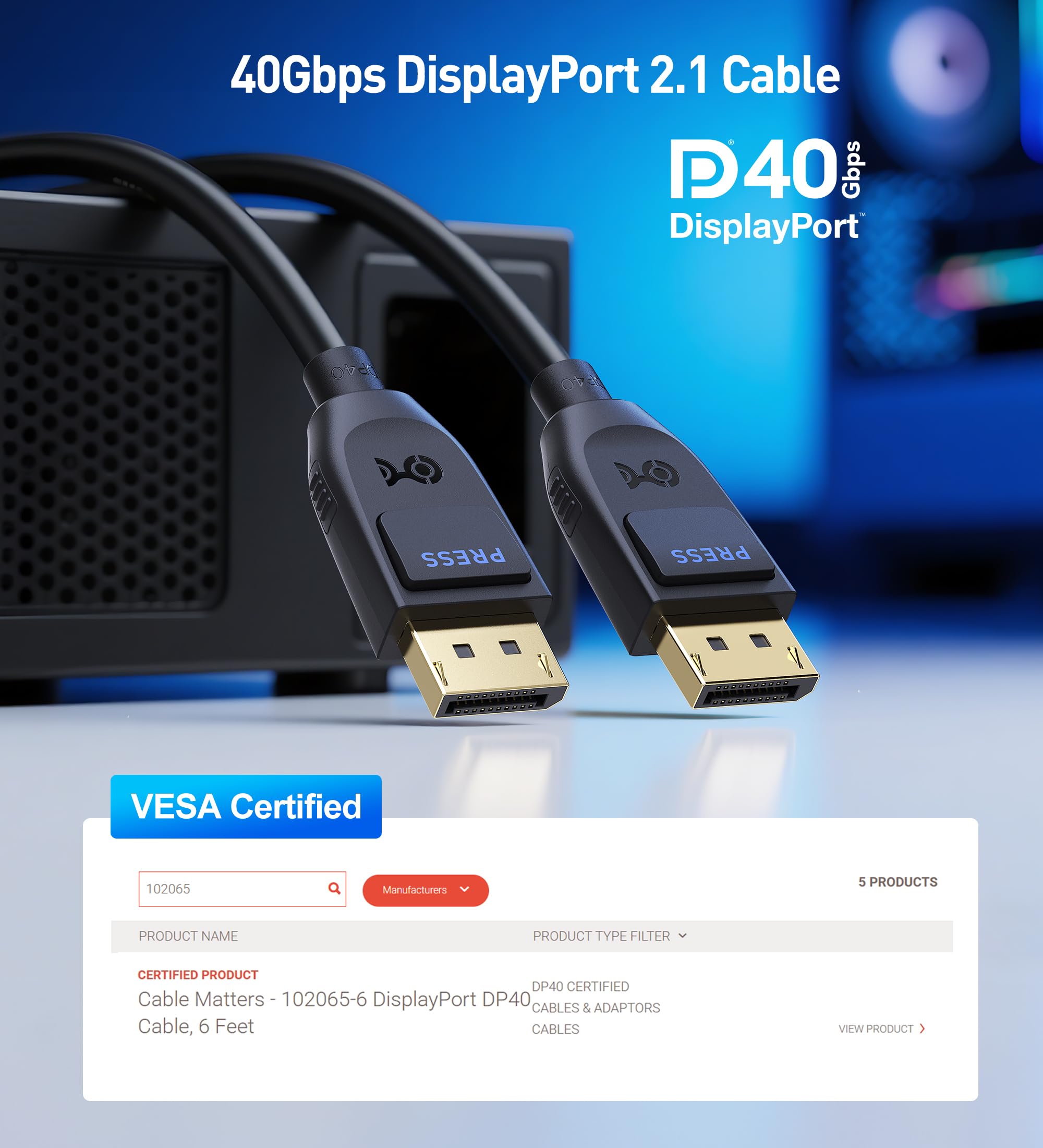 Foto 3 pulgar | Cable Displayport 2.1 Matters, Certificado Vesa, 2 M, Negro - Venta Internacional.