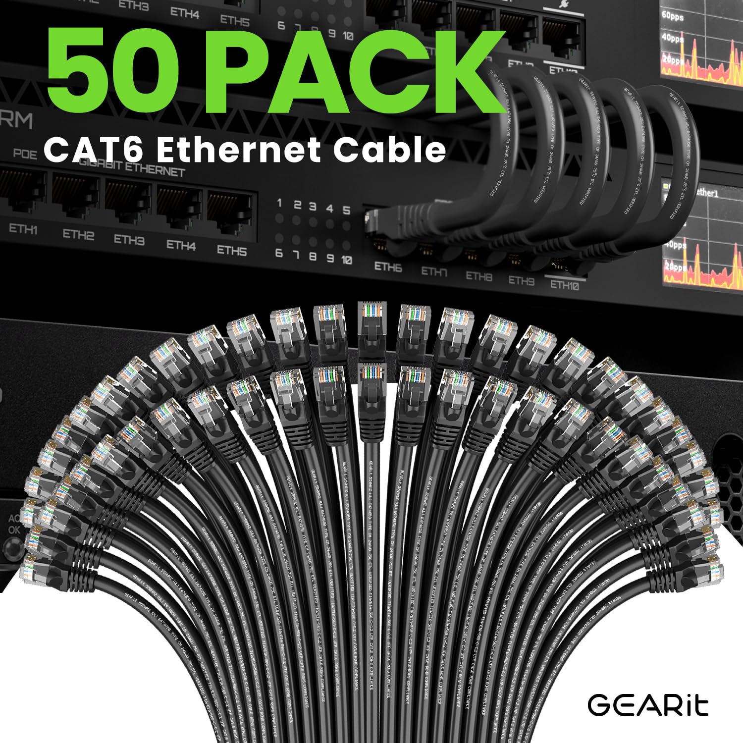 Foto 2 | Cable Ethernet Gearit Cat 6 De 1 Pie (30 Cm), 10 Gbps, 50 Unidades, Negro - Venta Internacional.