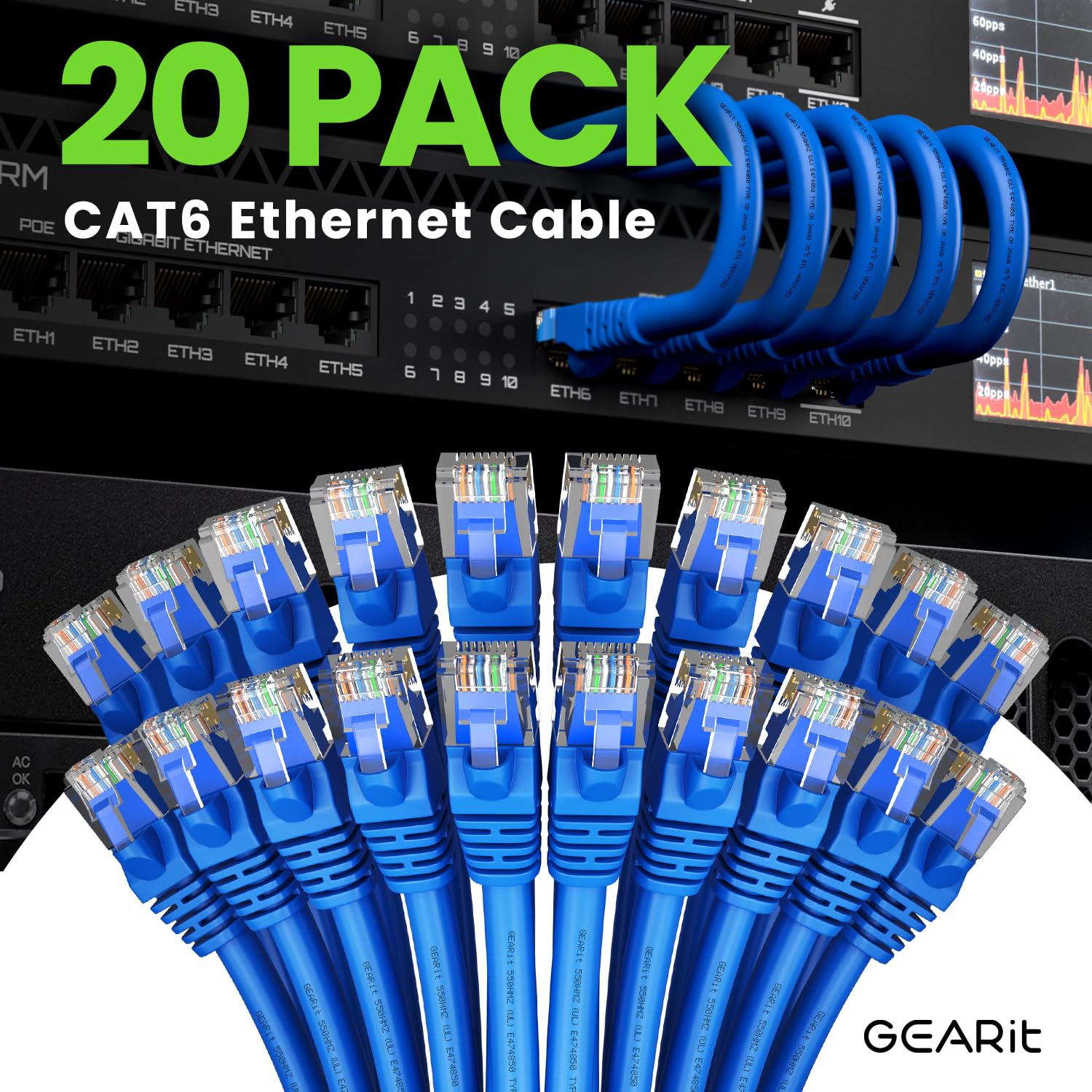 Foto 2 | Cable Ethernet Gearit Cat 6, 10 Pies (3 M), Paquete De 20, 10 Gbps, Rj45, Azul - Venta Internacional.
