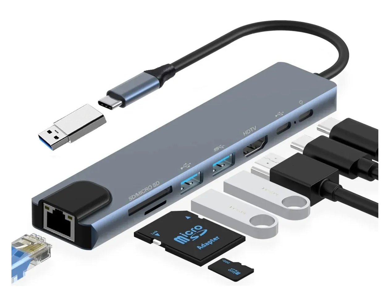 Foto 2 pulgar | Adaptador Xtellar Multipuerto Hdmi Hub Usb-c Con Ethernet 8 En 1 Usb