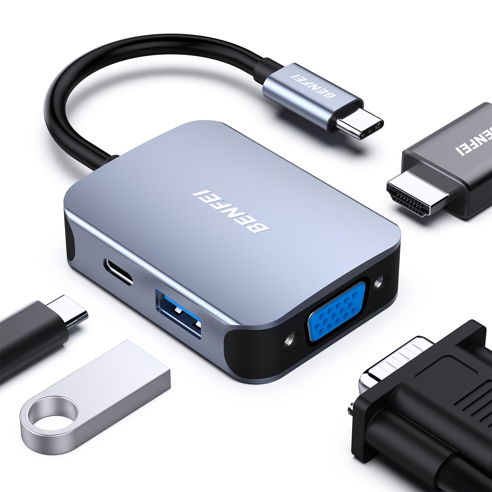 Foto 2 pulgar | Adaptador Hdmi Vga 4 En 1 Usb C Hub Benfei Con Suministro De Alimentación - Venta Internacional.