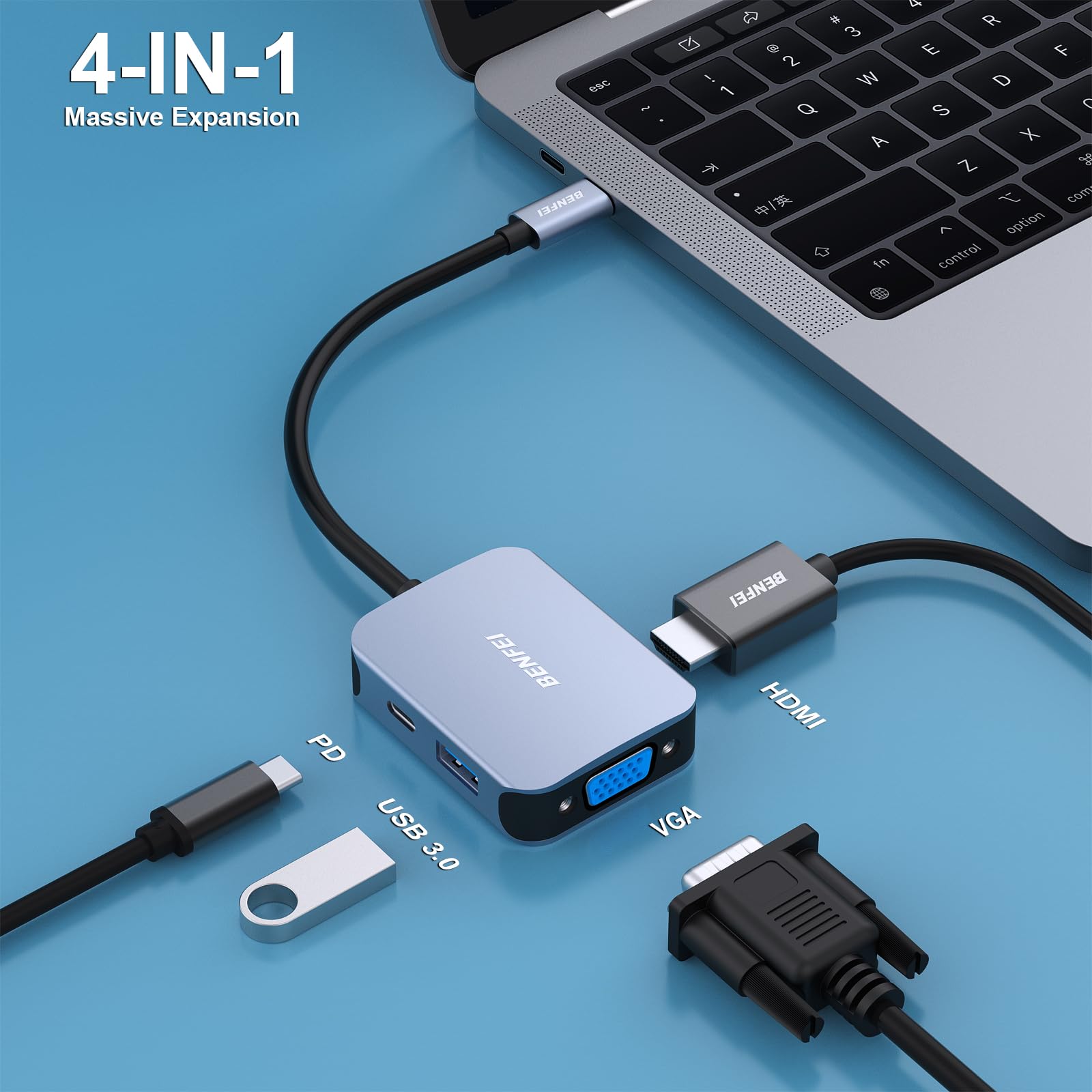 Foto 3 pulgar | Adaptador Hdmi Vga 4 En 1 Usb C Hub Benfei Con Suministro De Alimentación - Venta Internacional.