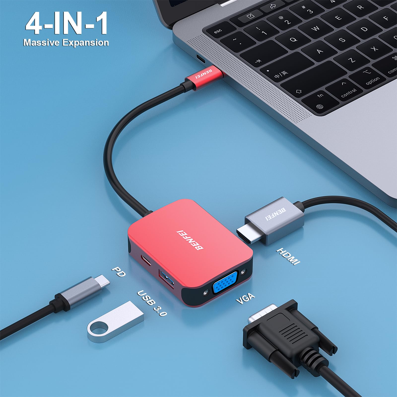 Foto 3 pulgar | Adaptador Hdmi Vga 4 En 1 Usb C Hub Benfei Con Suministro De Alimentación - Venta Internacional.