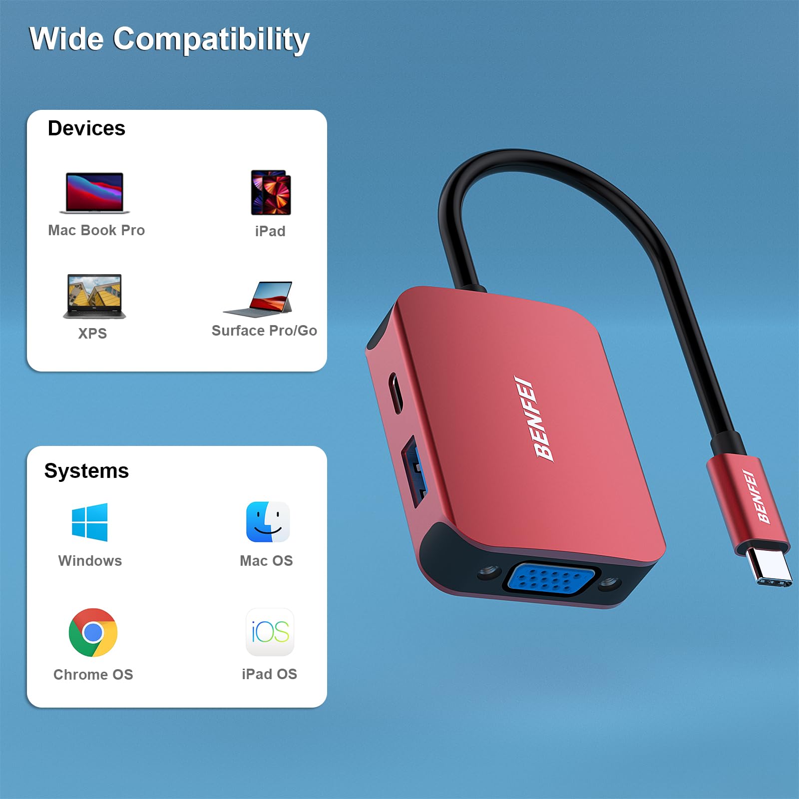 Foto 4 pulgar | Adaptador Hdmi Vga 4 En 1 Usb C Hub Benfei Con Suministro De Alimentación - Venta Internacional.