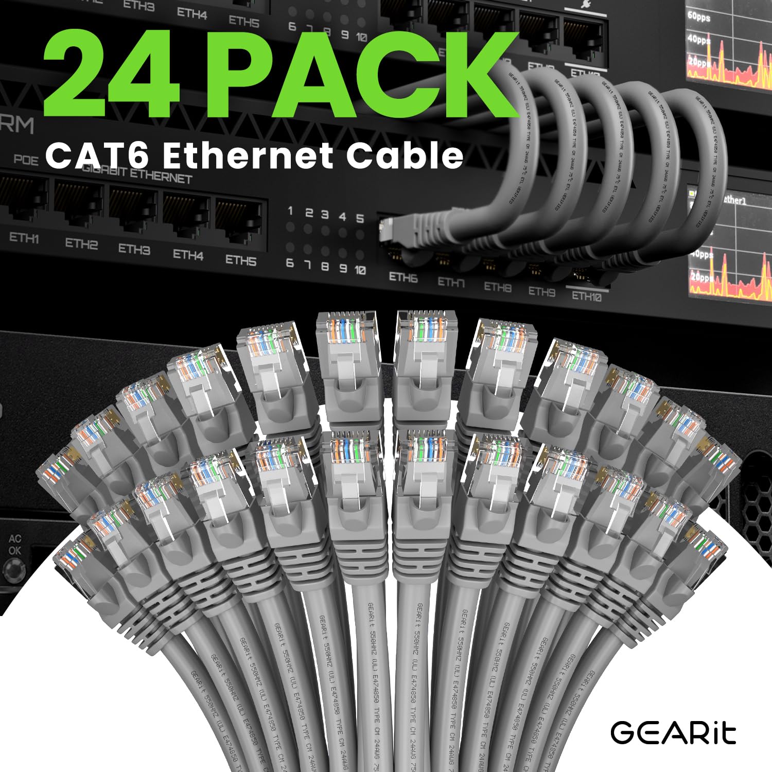 Foto 3 pulgar | Cable Ethernet Gearit Cat 6 De 0 9 M (3 Pies)  24 Unidades  10 Gbps  Gris - Venta Internacional.