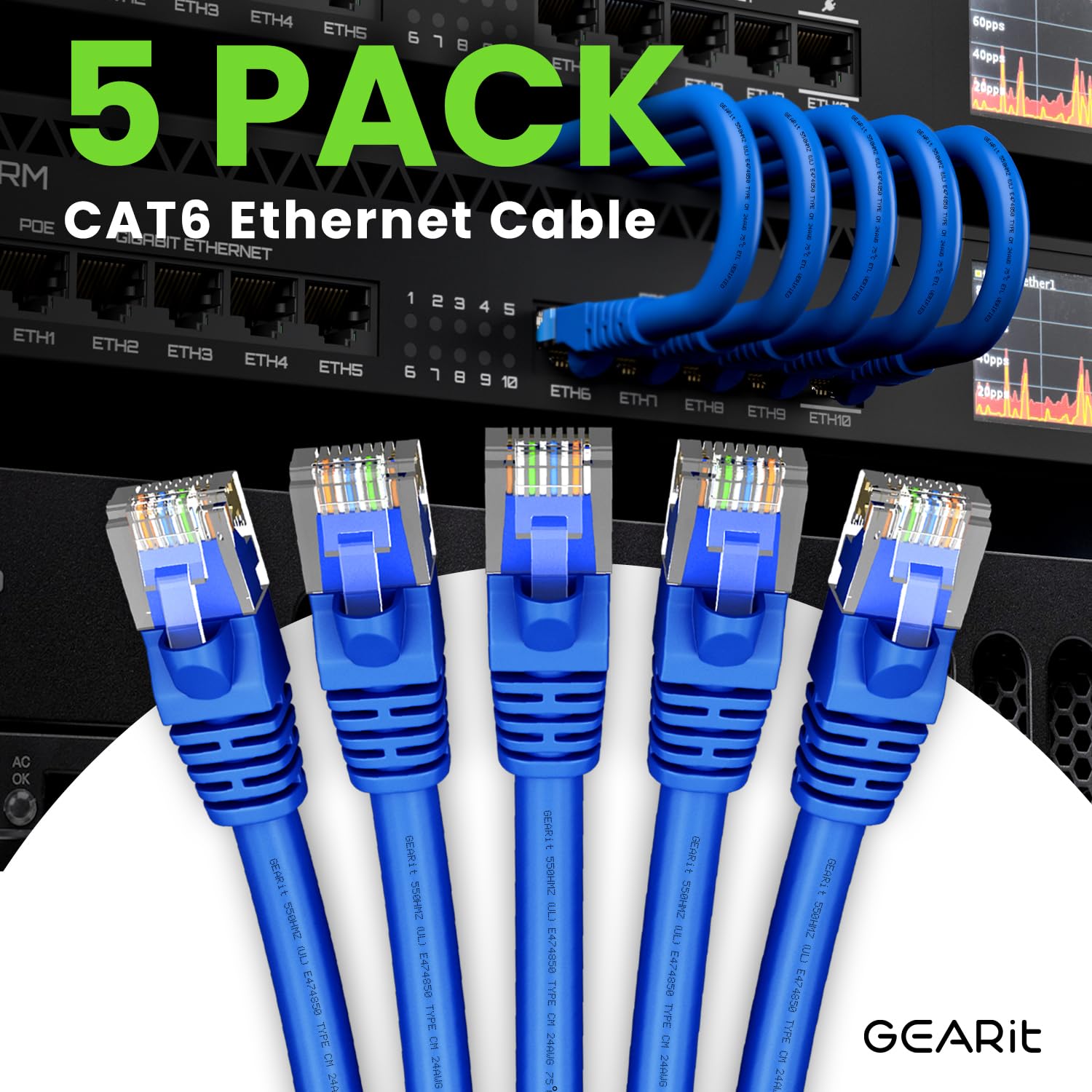 Foto 2 | Cable Ethernet Gearit Cat 6  20 Pies (6 M)  Paquete De 5  10 Gbps  Rj45  Azul - Venta Internacional.