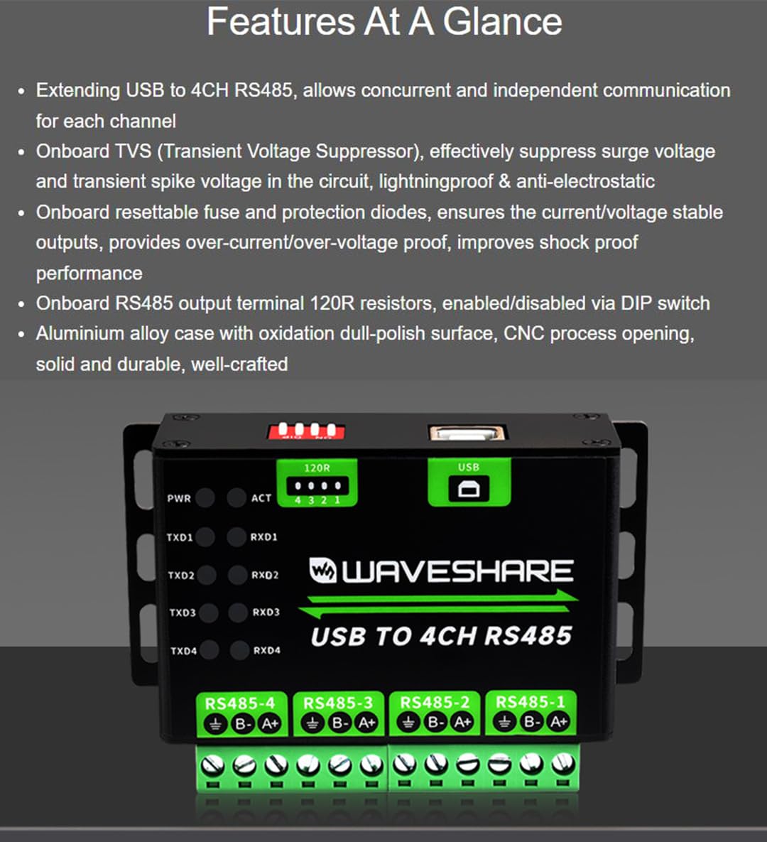 Foto 3 | Convertidor Usb A Rs485 Waveshare Industrial 4 Canales 1.2 Km - Venta Internacional.