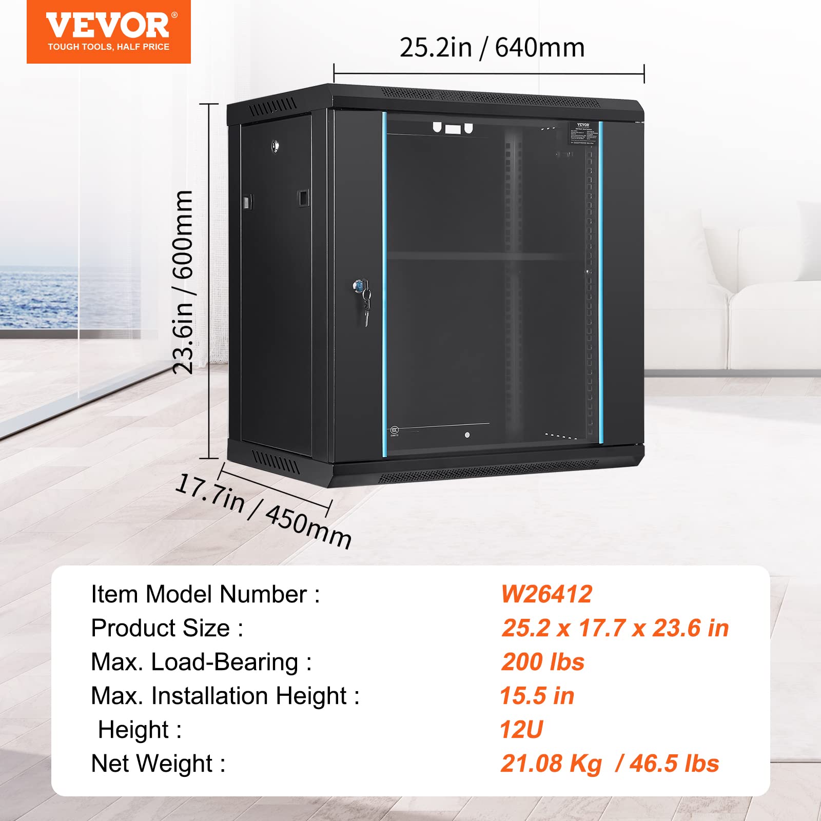 Foto 7 | Armario De Red De Montaje En Pared Vevor 12u De 15.5 Pulgadas De Profundidad Con Cerradura - Venta Internacional.