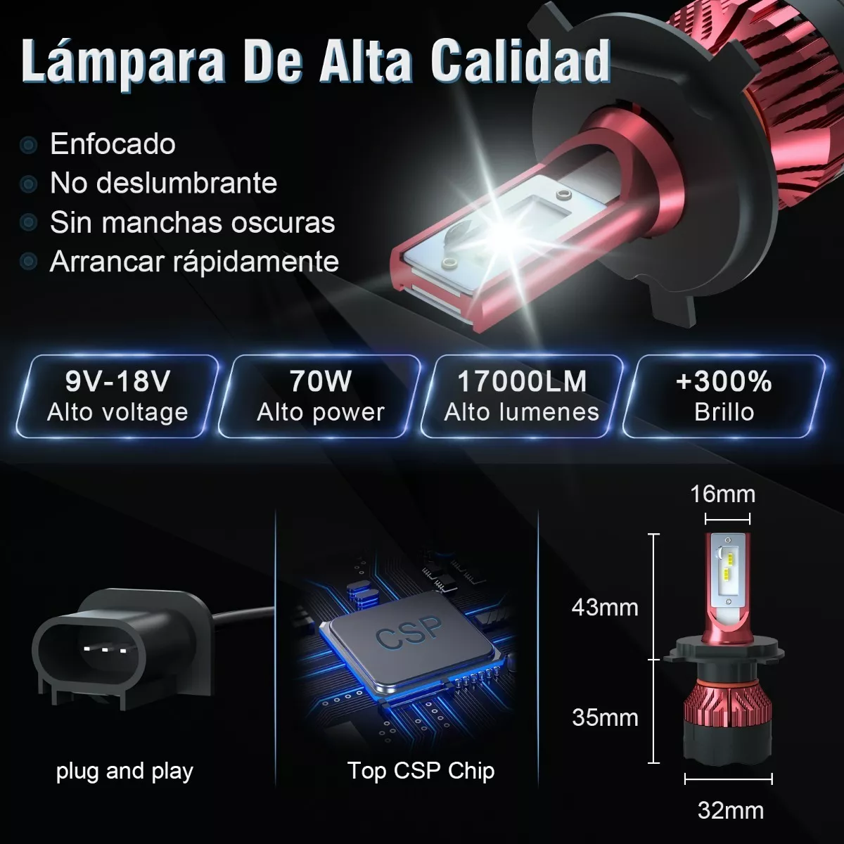 Foto 4 pulgar | Kit De Faros Delanteros Led H4 Luz Alta Y Baja 70w