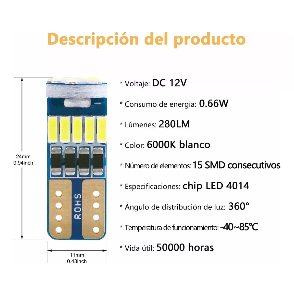 Foto 3 pulgar | 10 Focos Led Pellizco T10 W5w Blanco Neutro