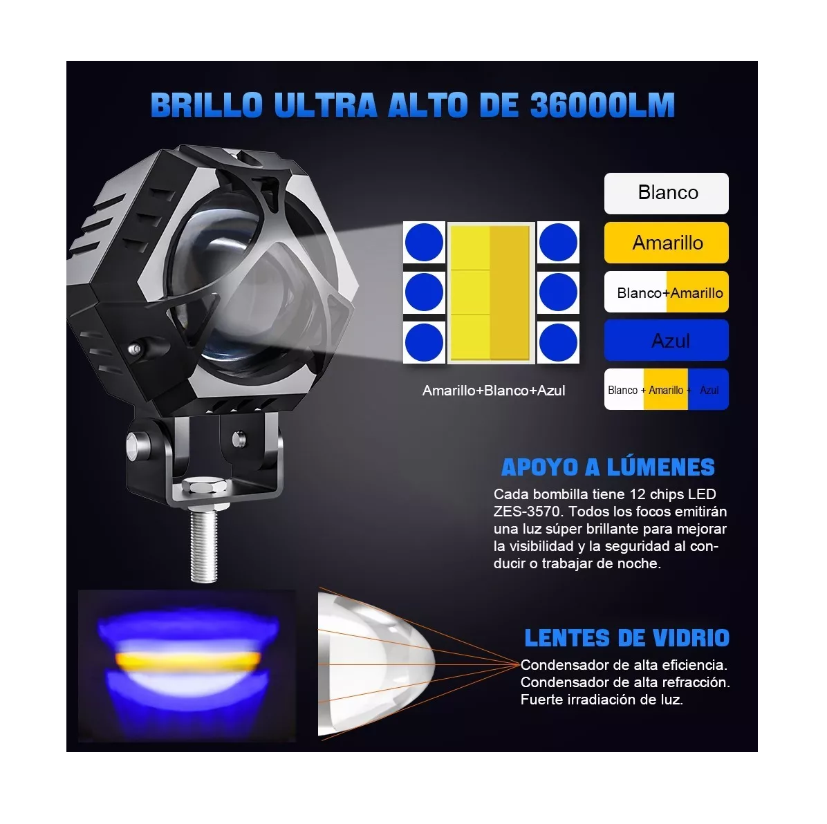 Foto 4 pulgar | Faros Auxiliares de Lupa BELUG color Negro 120W para Auto con Estrobo 2 Piezas