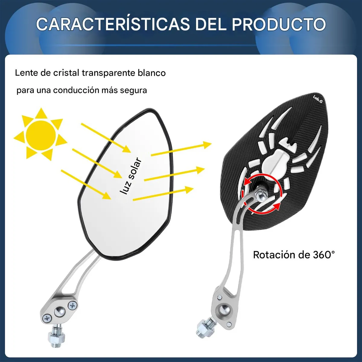 Foto 4 pulgar | Espejo Laterales  Lab.g Retrovisor Universal Para Motocicleta 1 Par Negro Araña Con Blanco