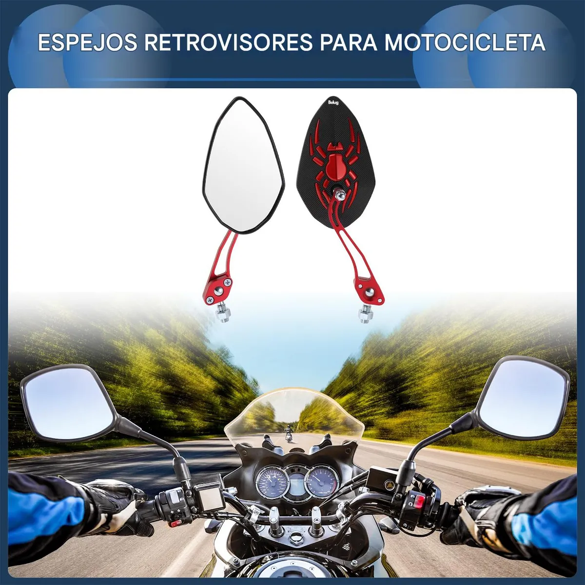 Foto 3 pulgar | Espejo Laterales Belug  Retrovisor Universal Para Motocicleta 1 Par Negro Araña Rojo