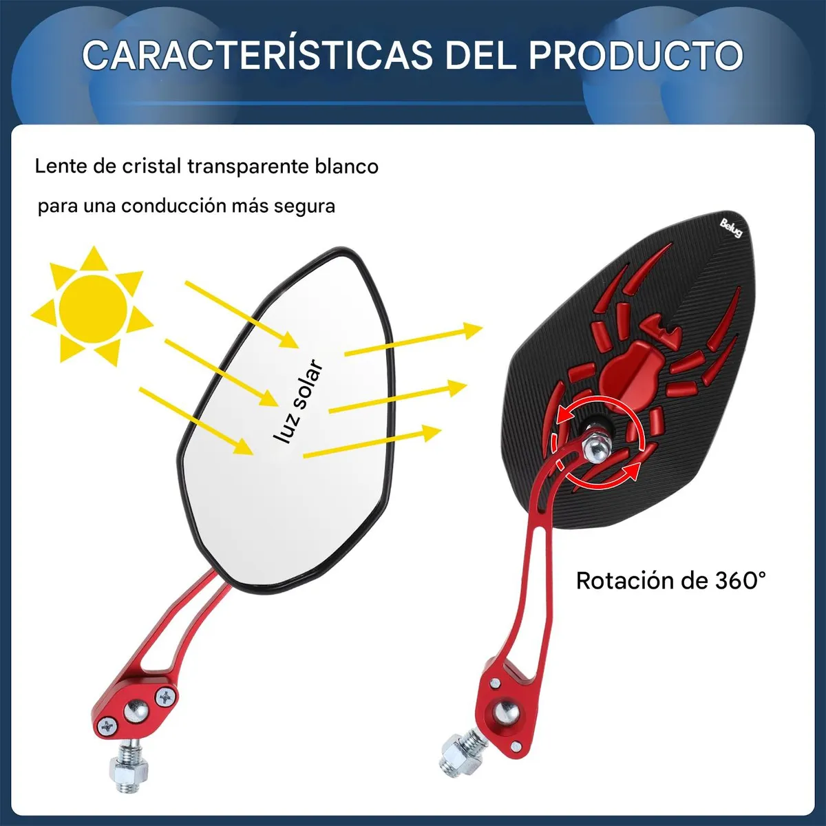 Foto 5 pulgar | Espejo Laterales Belug  Retrovisor Universal Para Motocicleta 1 Par Negro Araña Rojo