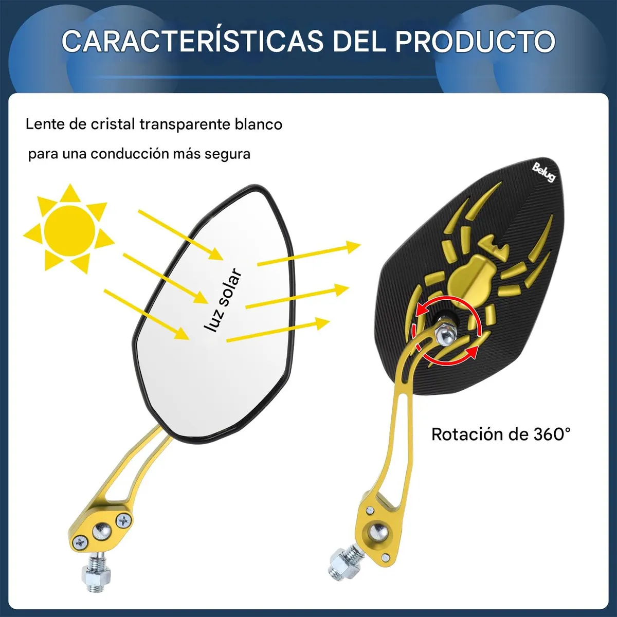 Foto 4 pulgar | Espejo Laterales Belug  Retrovisor Universal Para Motocicleta 1 Par Negro Araña Dorado