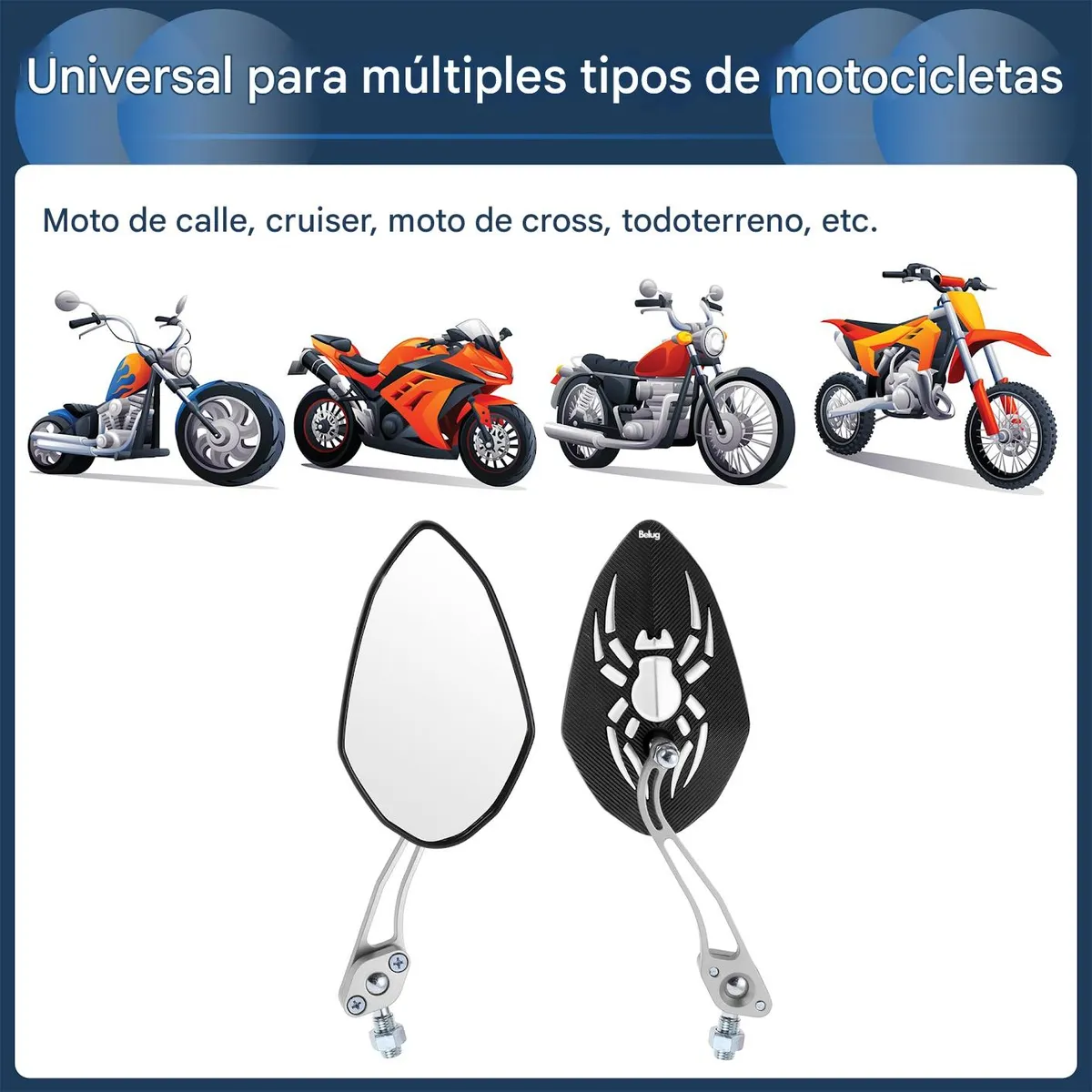 Foto 3 pulgar | Espejo Laterales Belug  Retrovisor Universal Para Motocicleta 1 Par Negro Araña Con Blanco