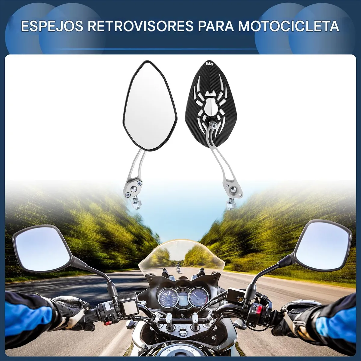 Foto 4 pulgar | Espejo Laterales Belug  Retrovisor Universal Para Motocicleta 1 Par Negro Araña Con Blanco