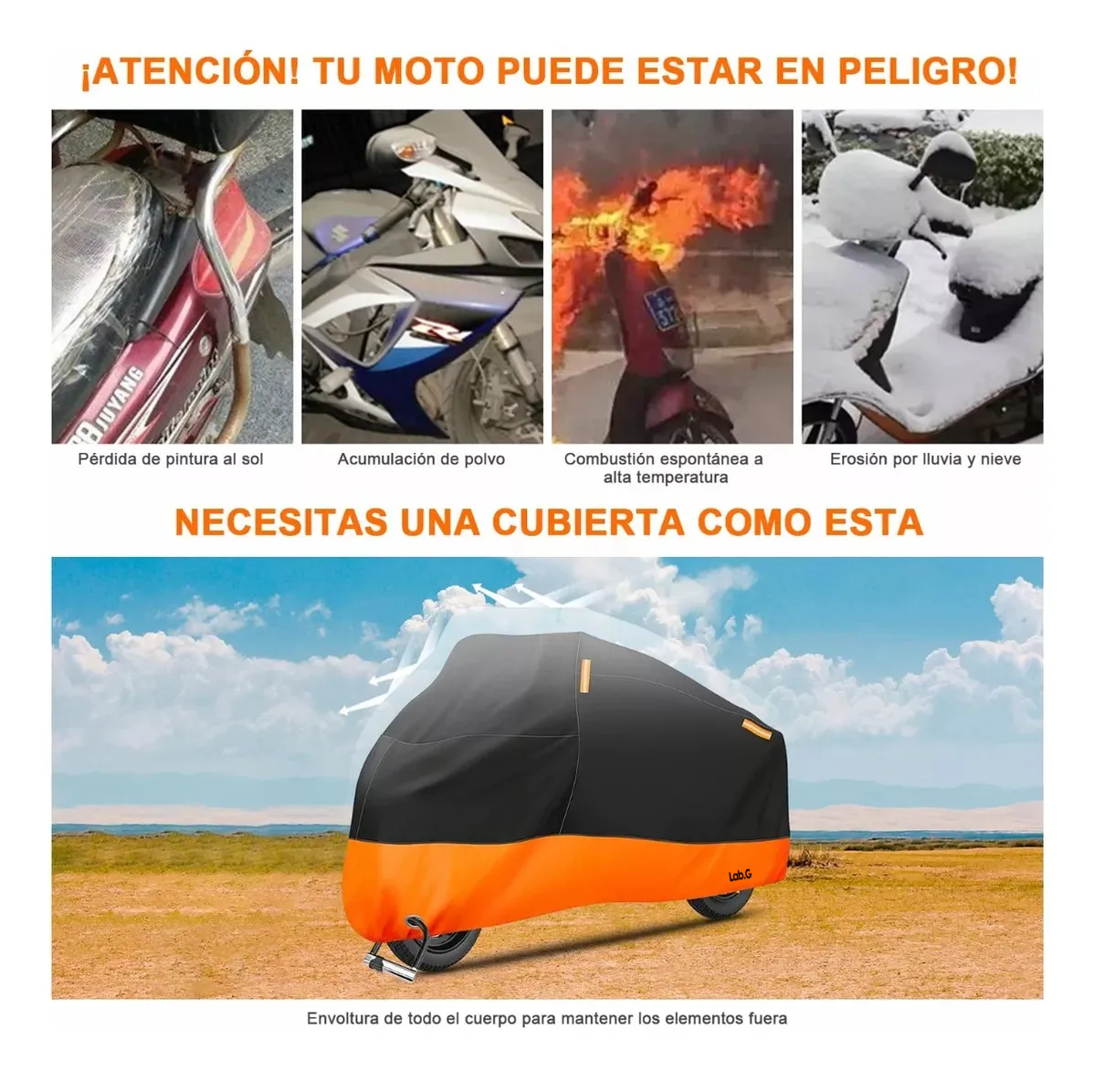 Foto 6 pulgar | Funda De Protección Solar Para Motocicletas A Prueba De Agua Negro/naranja