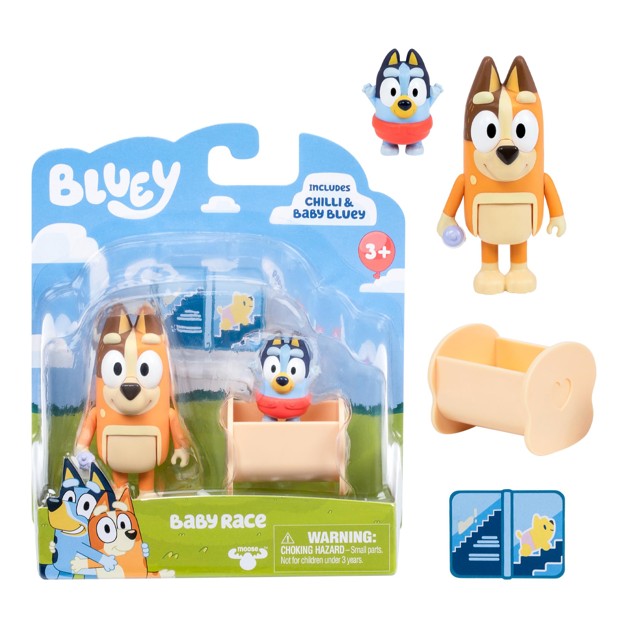 Paquete De 2 Figuras Bluey Baby Race Con Accesorio De Guindilla Y Cuna - Venta Internacional.