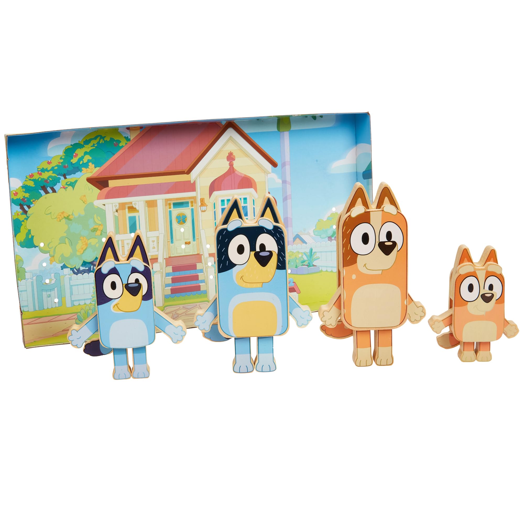 Figuras De Personajes De Madera Bluey 4 Coloridas Con Certificación Fsc - Venta Internacional.