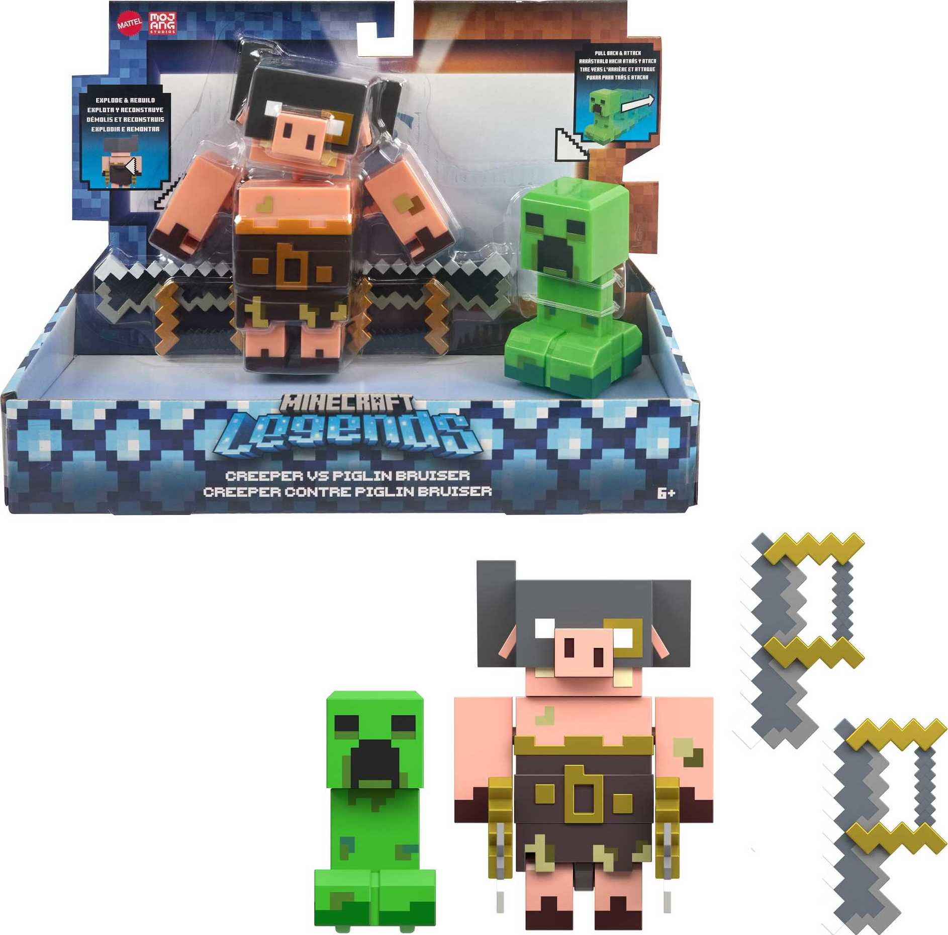 Foto 2 pulgar | Pack De 2 Figuras De Acción Mattel Minecraft Legends Creeper Vs Piglin - Venta Internacional.