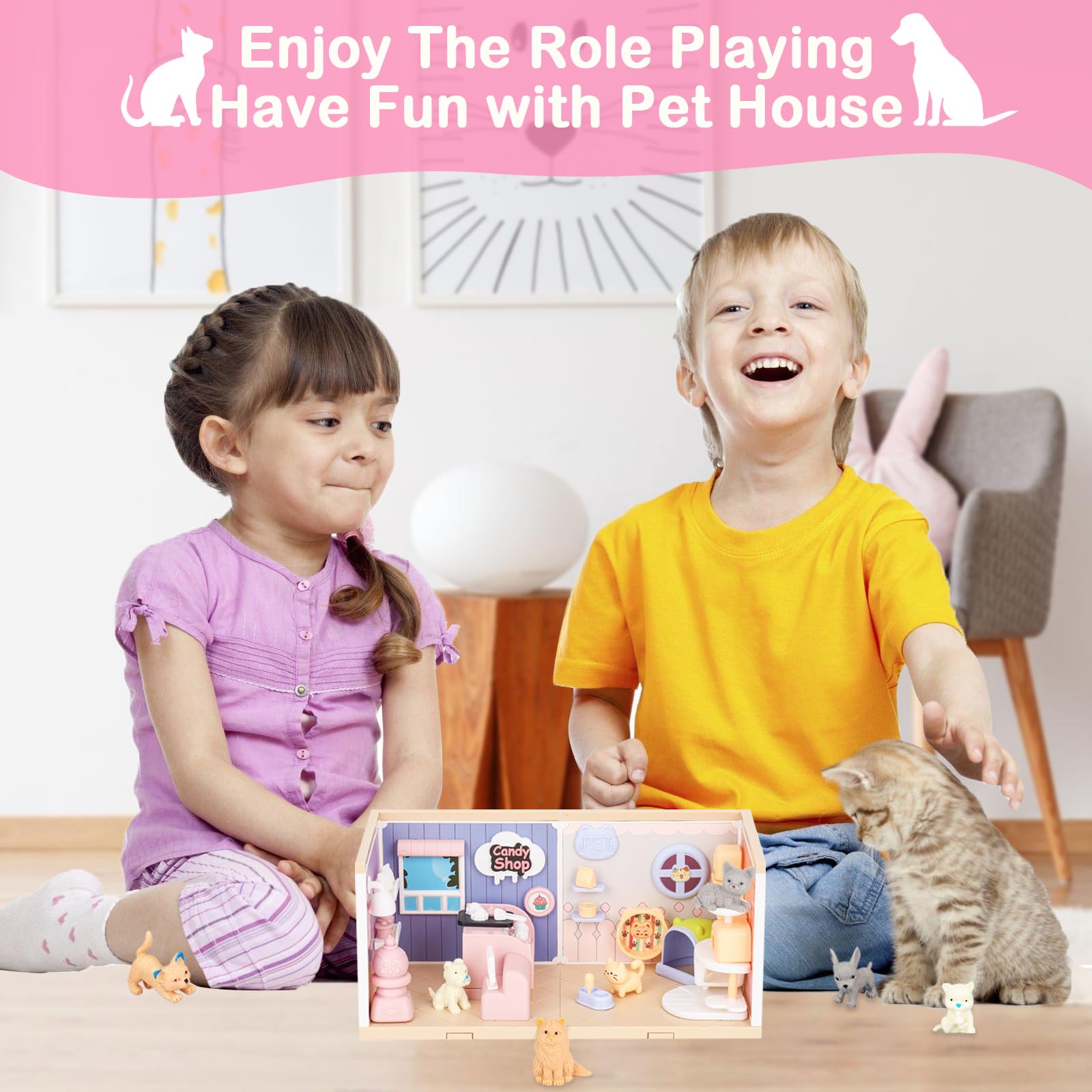 Foto 4 | Juego De Figuras De Perro Y Gato Toy Tqqfun Pet Buddy Con Caseta Para Mascotas - Venta Internacional.