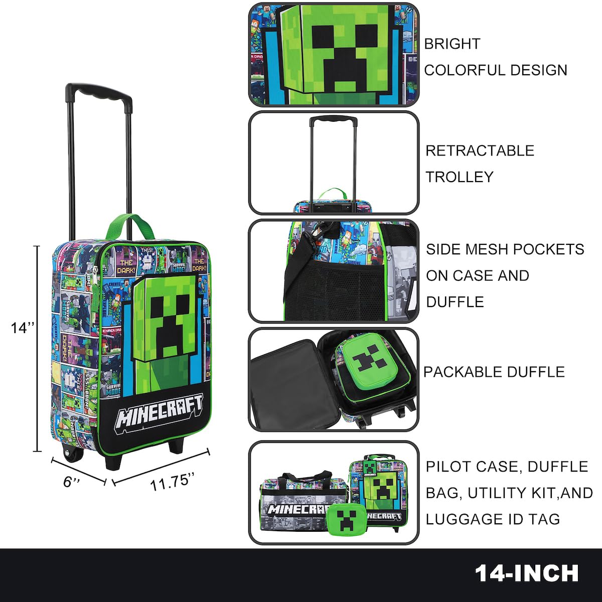 Foto 7 pulgar | Set De Viaje Bioworld Minecraft Creeper Youth, 4 Piezas, 14 Pulgadas - Venta Internacional.