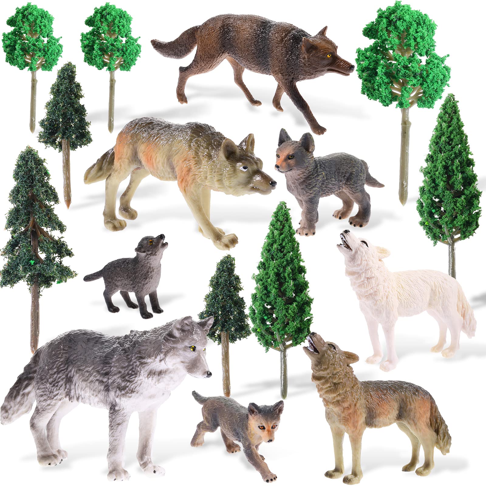 Set De Figuras De Juguete Skylety Woodland Wolf Con 8 Lobos Y 8 Árboles - Venta Internacional.