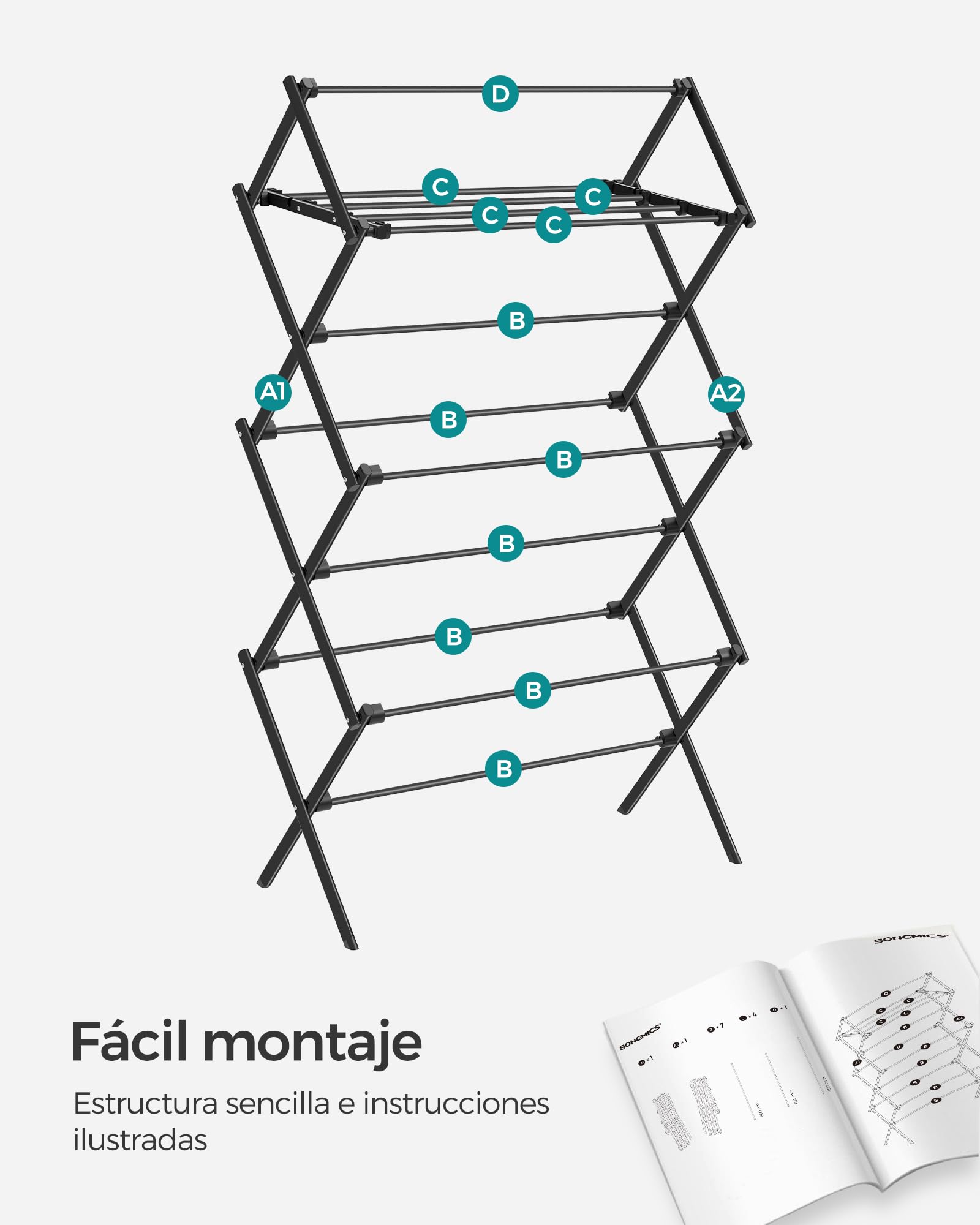 Foto 8 | Songmics Tendedero Plegable, Acero, 14.6×29.5×53.2 in, Fácil Montaje, Interior/exterior, Negro, Ullr770b01.