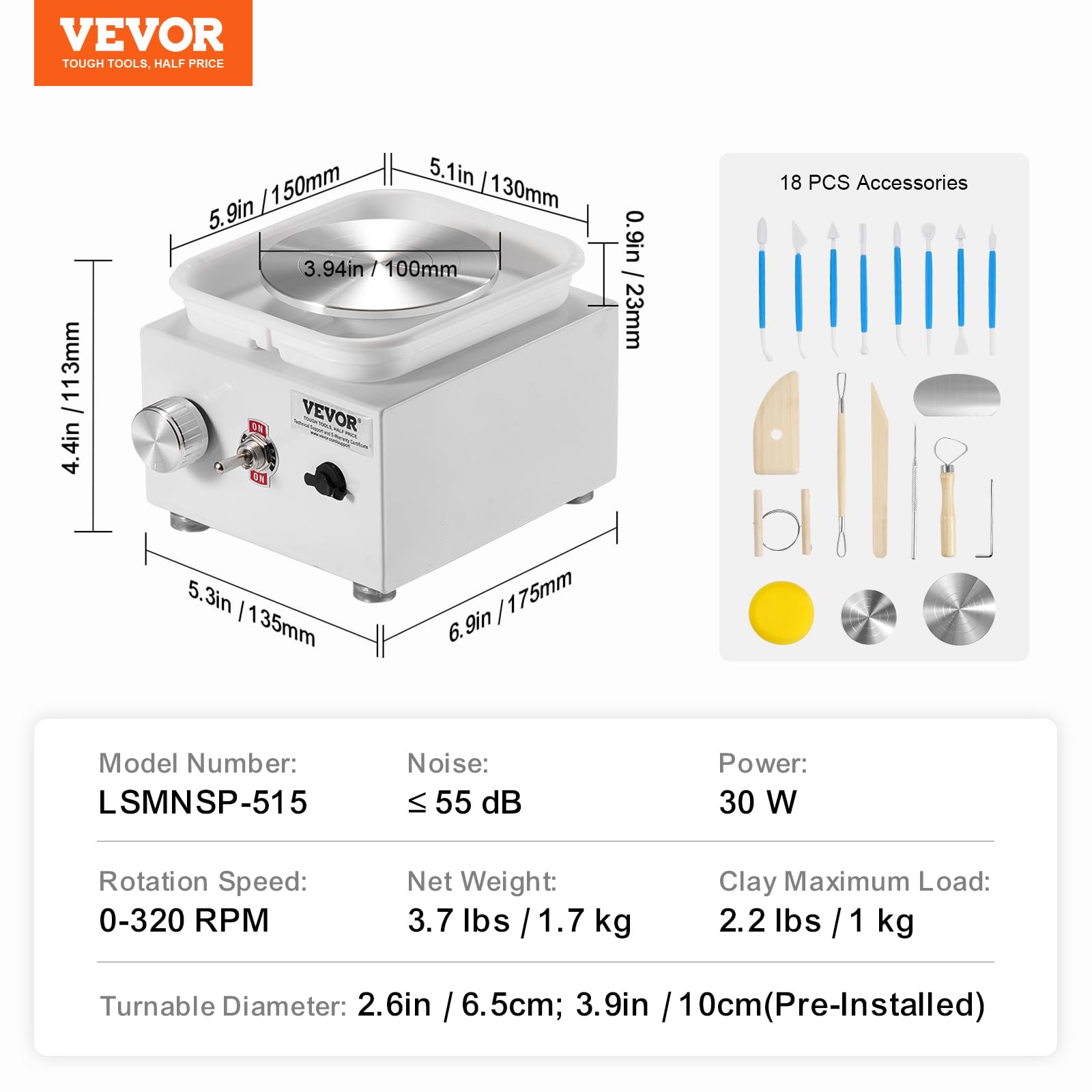 Foto 7 | Llanta De Cerámica Vevor Mini De 6,5 Cm/10 Cm, 2 Tocadiscos Eléctricos Wh - Venta Internacional.