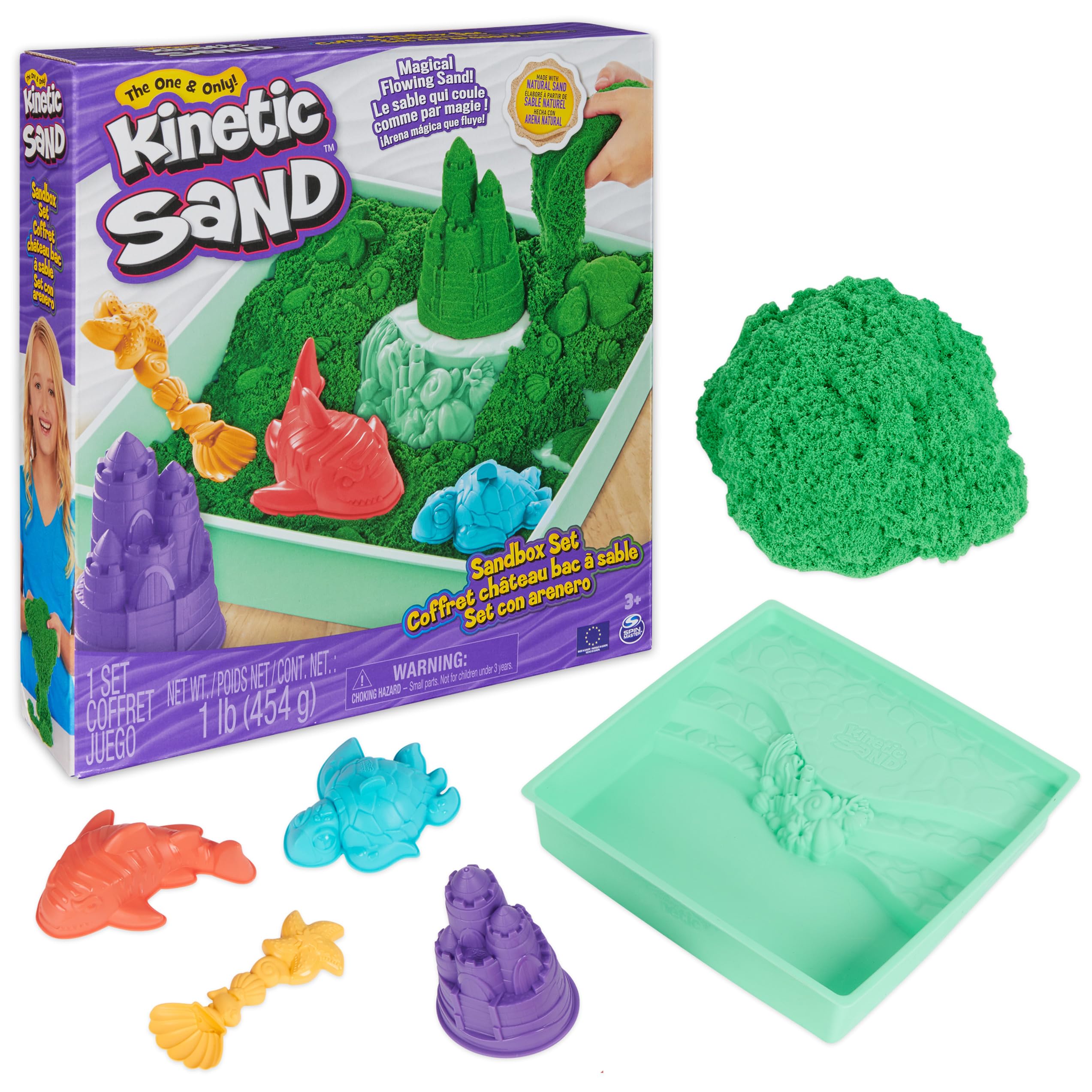 Set De Arena Kinetic Sand, 500 G, Verde Con Almacenamiento Y 4 Moldes Para Niños De 3 Años O Más - Venta Internacional