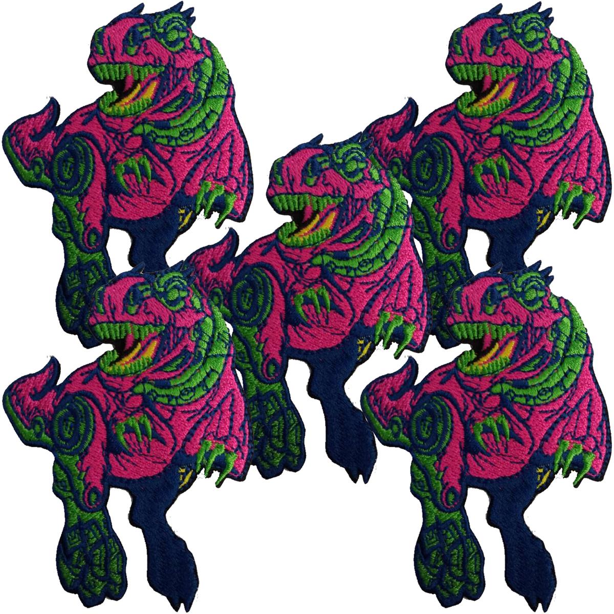 Bordado Parche Para Pantalones Patchpros  Mxdyr-005 Allosaurus color Rosa con Verde