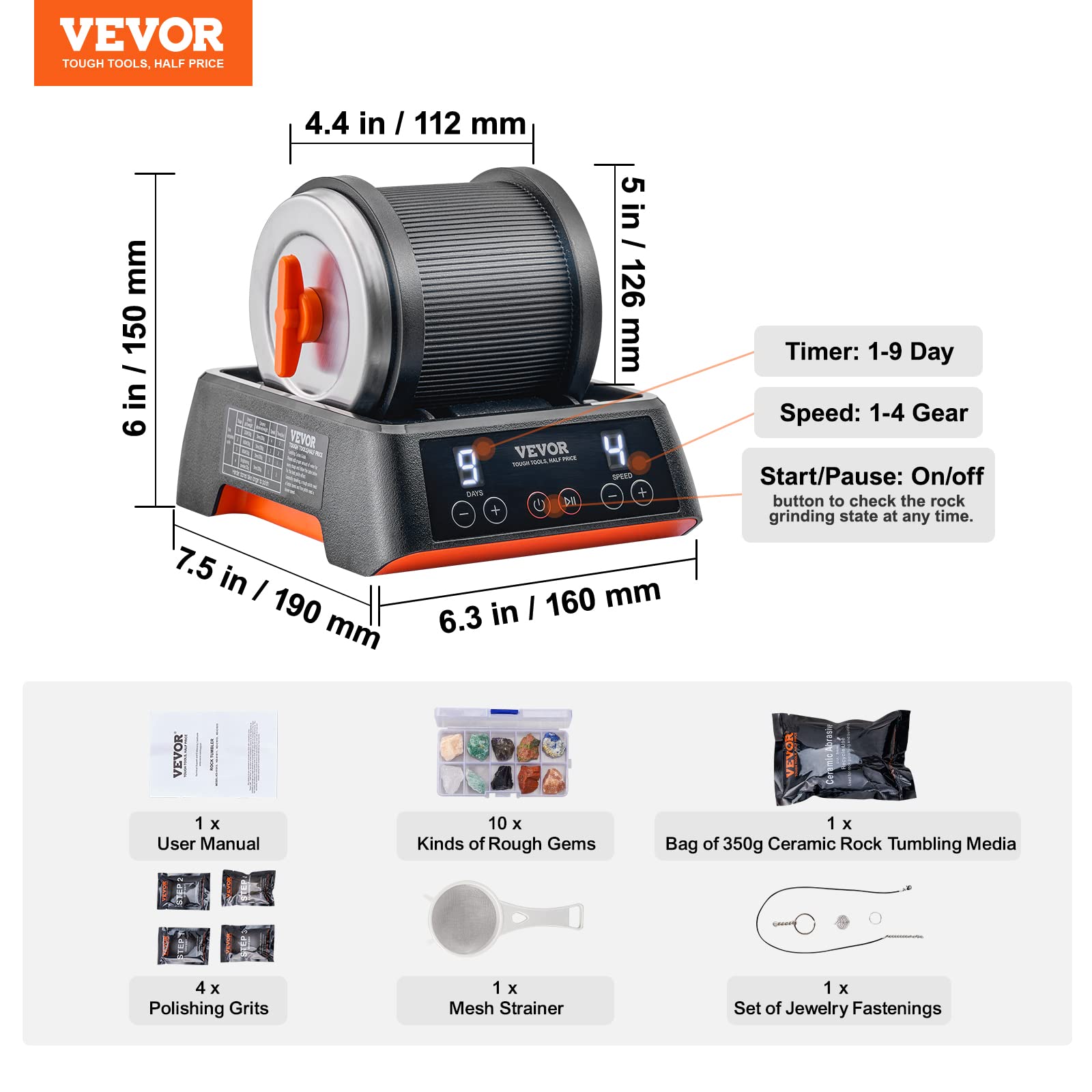 Foto 8 pulgar | Temporizador Rock Tumbler Vevor Direct Drive De 4 Velocidades/9 Días Con Kit - Venta Internacional.