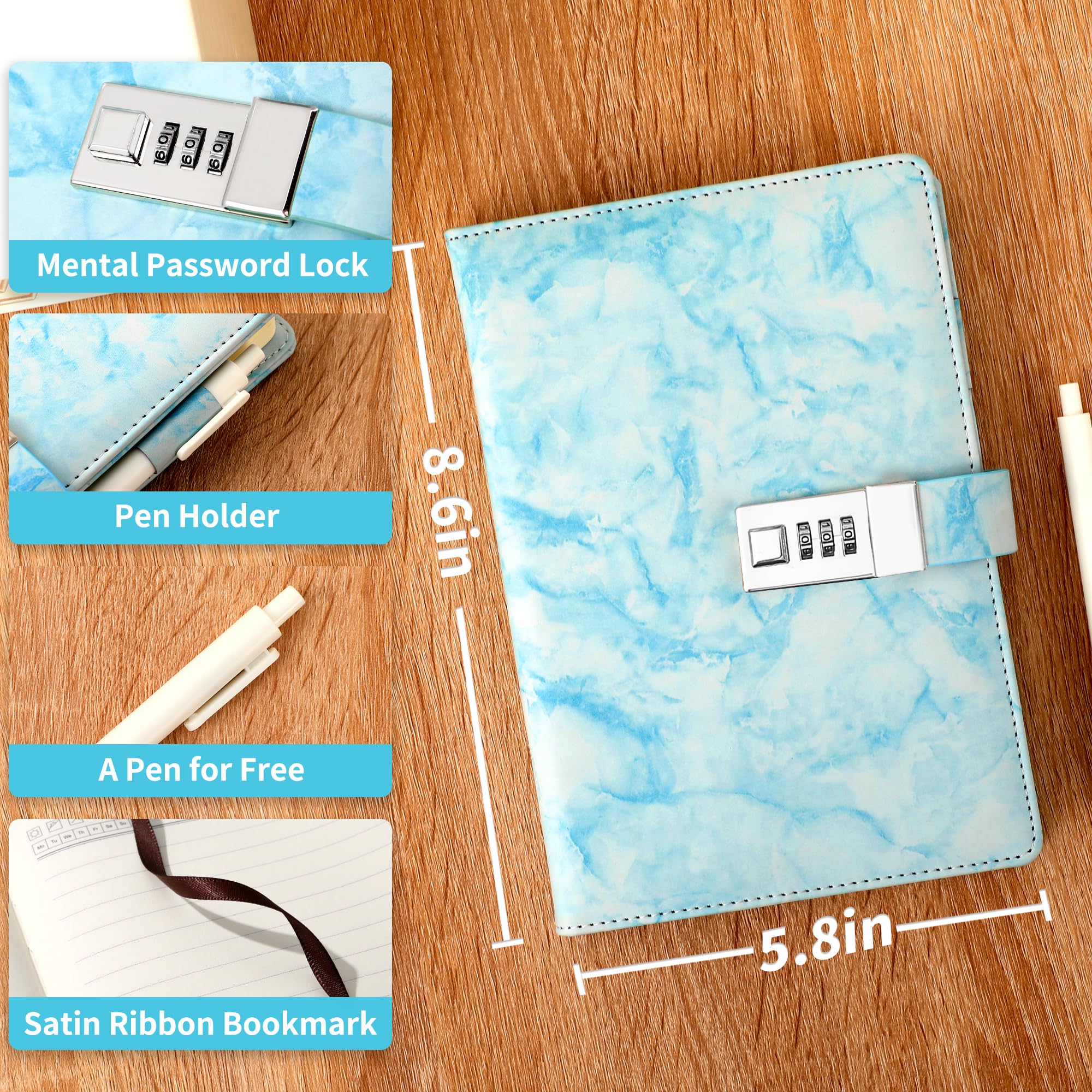 Foto 2 | Agenda Cagie Marble Con Candado Impermeable 192 Páginas A5 Para Niñas - Venta Internacional.