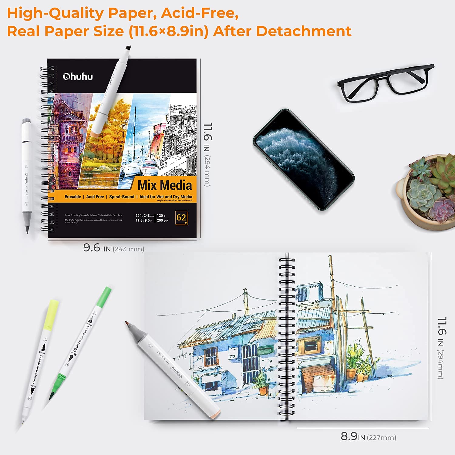 Foto 4 pulgar | Cuaderno De Bocetos Ohuhu, Técnica Mixta, 11,6 X 9,6 Cm, 62 Hojas, 200 G/m² - Venta Internacional.