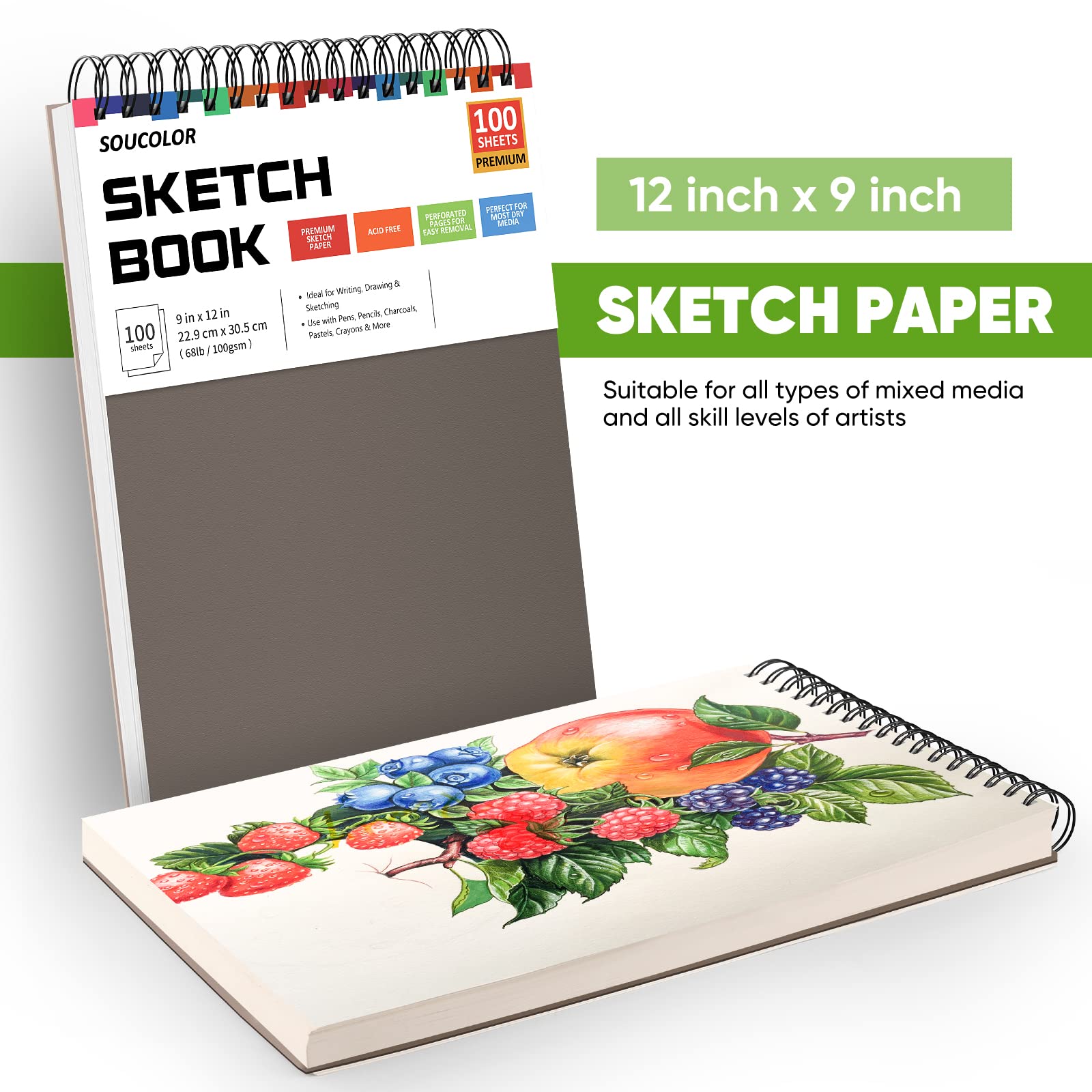 Foto 6 | Cuaderno De Bocetos Soucolor, 9 X 12 Pulgadas, 100 Hojas, Encuadernado En Espiral - Venta Internacional.