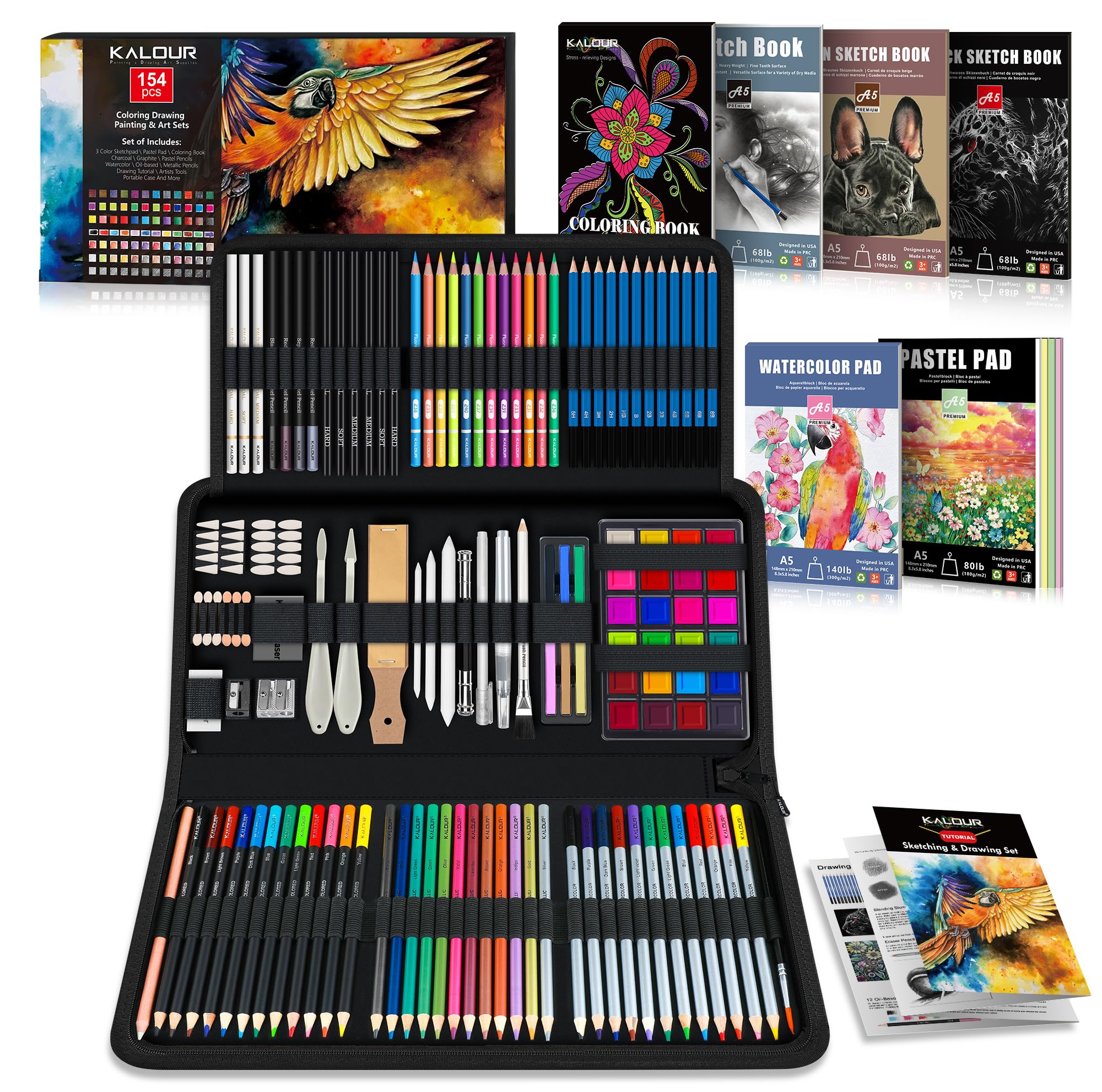 Set De Materiales De Arte Kalour, 154 Piezas, Para Bocetos Y Dibujos Con Libro - Venta Internacional.