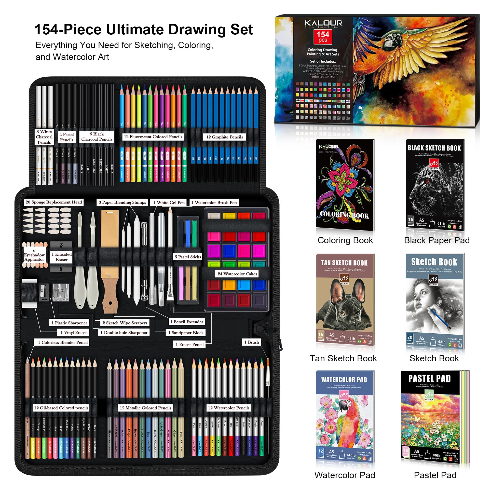 Foto 2 | Set De Materiales De Arte Kalour, 154 Piezas, Para Bocetos Y Dibujos Con Libro - Venta Internacional.