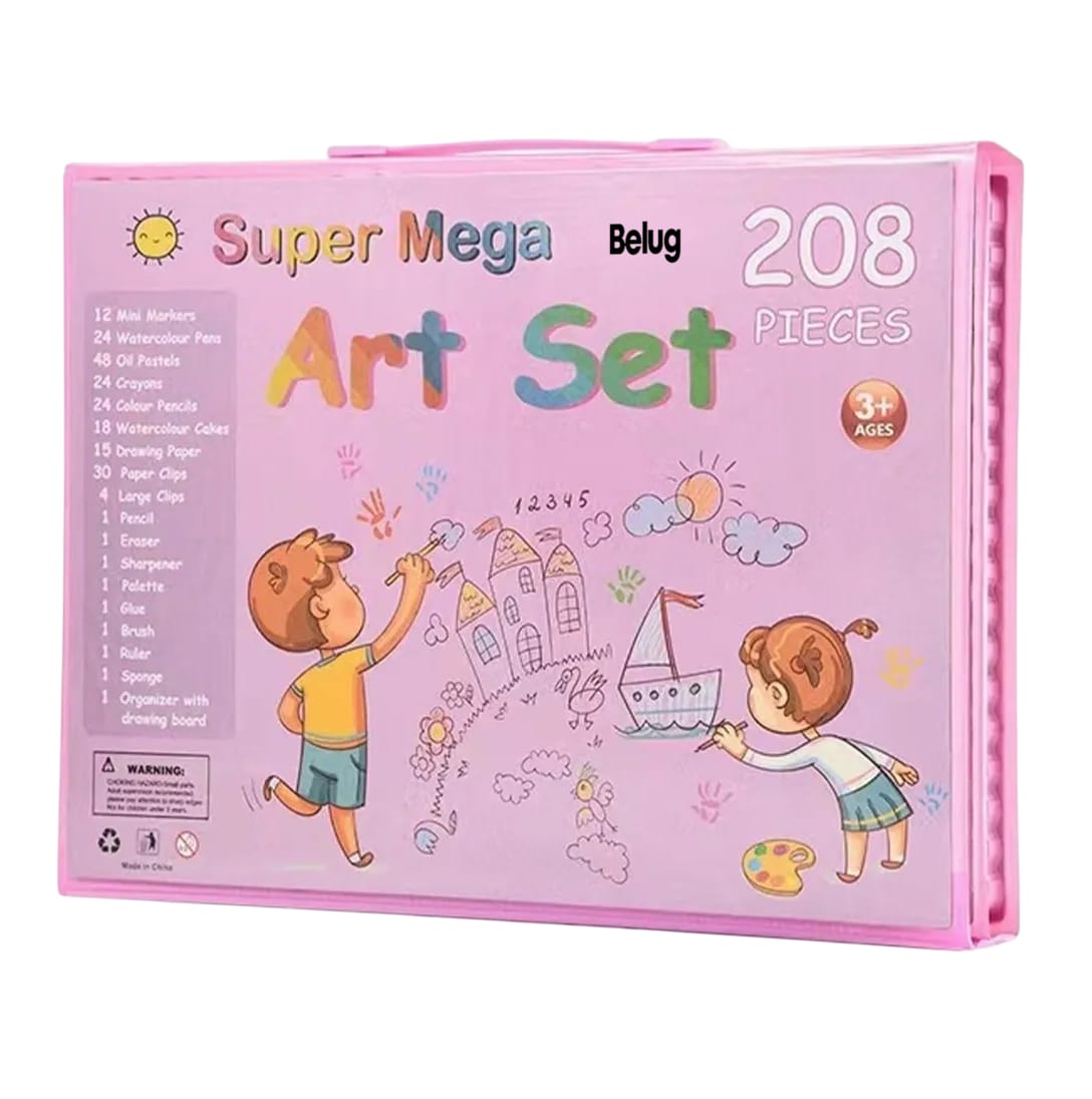 Kit De Dibujo Y Pinturas Acuarela Lápices 208 Pzs Estuche Rosa
