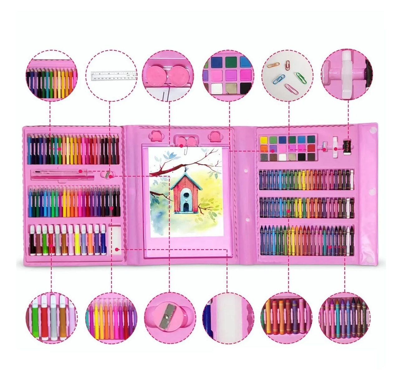 Foto 5 pulgar | Kit De Dibujo Y Pinturas Acuarela Lápices 208 Pzs Estuche Rosa
