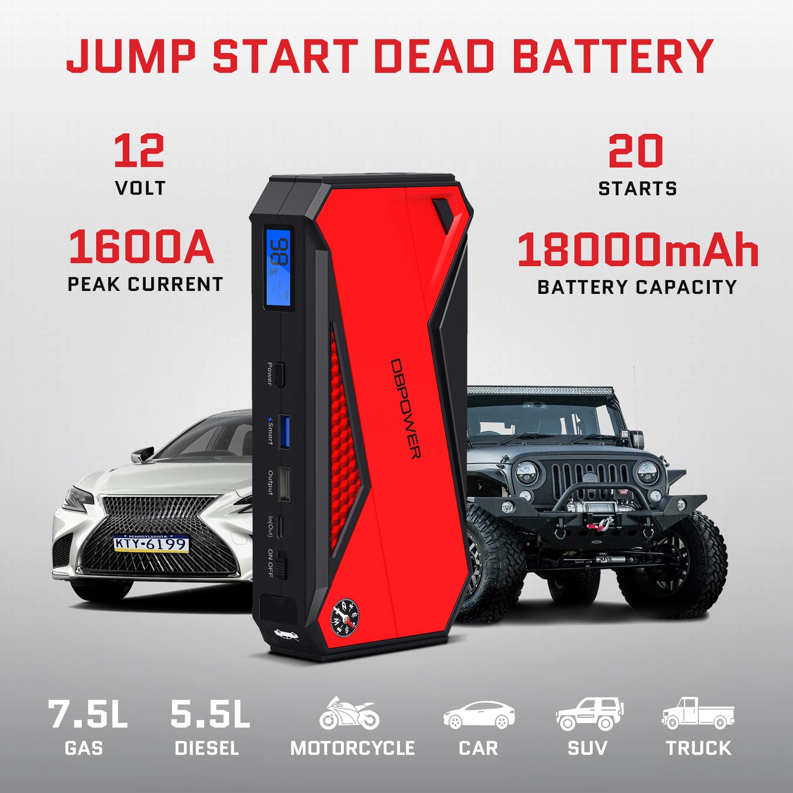 Foto 2 | Arrancador Portátil Para Coche Dbpower Peak 1600a 18000mah - Venta Internacional.