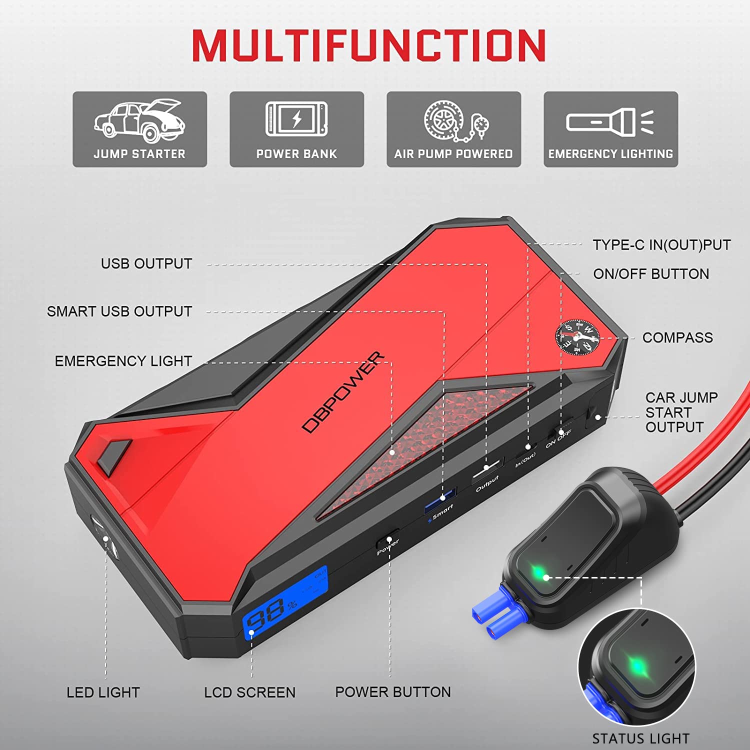 Foto 6 pulgar | Arrancador Portátil Para Coche Dbpower Peak 1600a 18000mah - Venta Internacional.