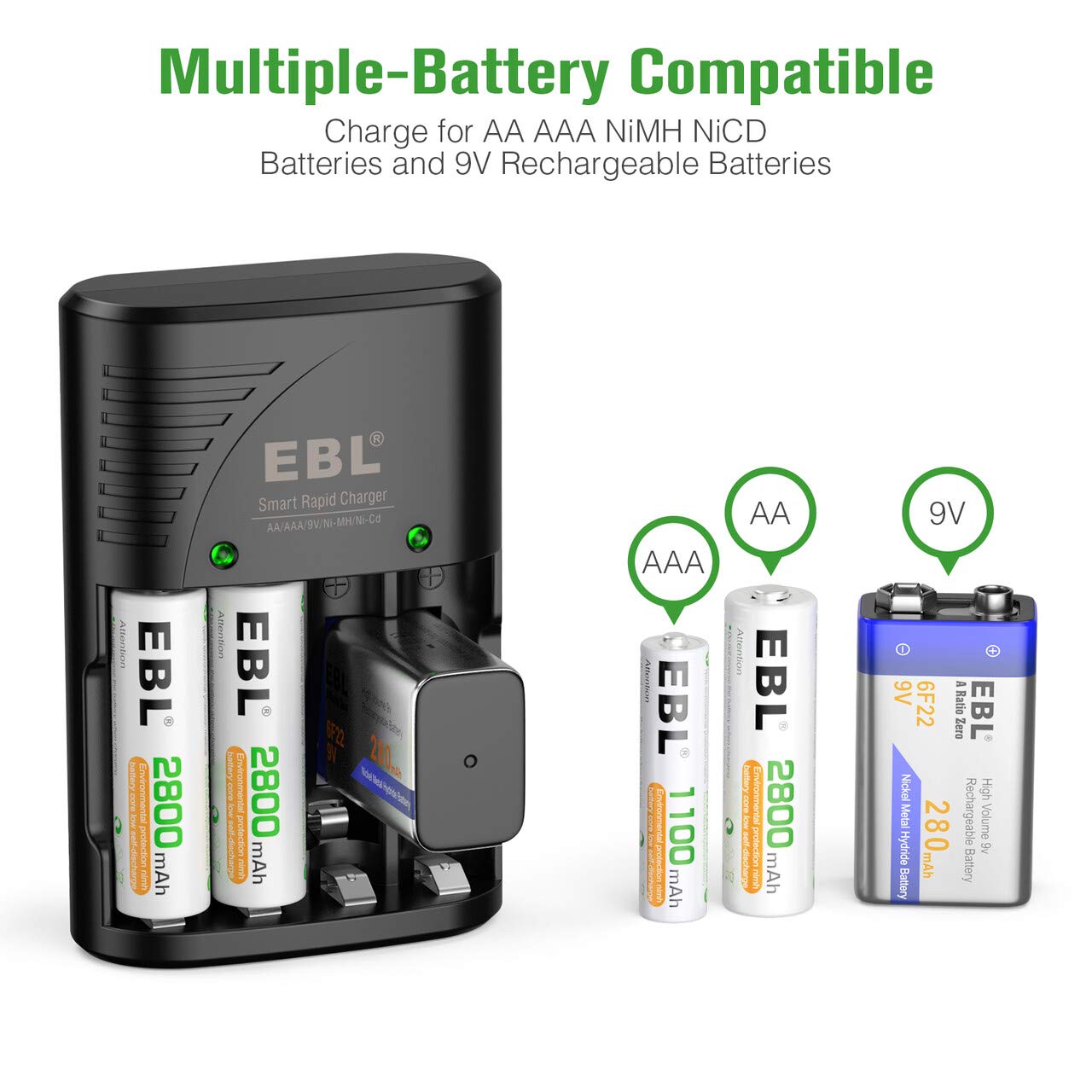 Foto 3 | Cargador De Batería Ebl Recargable Aa 2800 Mah  Paquete De 4 Con 9 V - Venta Internacional.