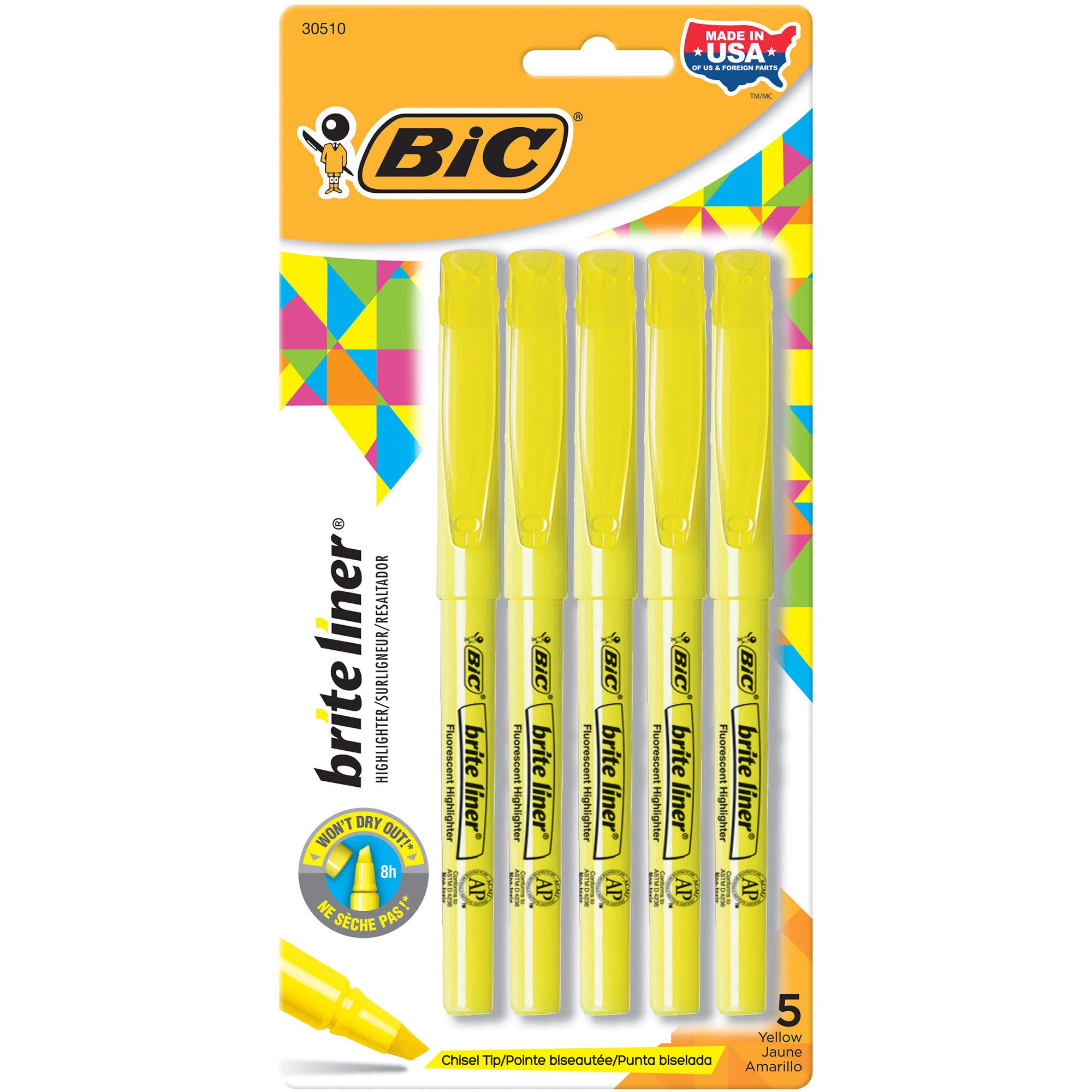 Foto 1 | Highlighters Bic Brite Liner Chisel Point Yellow  Paquete De 5 - Venta Internacional.
