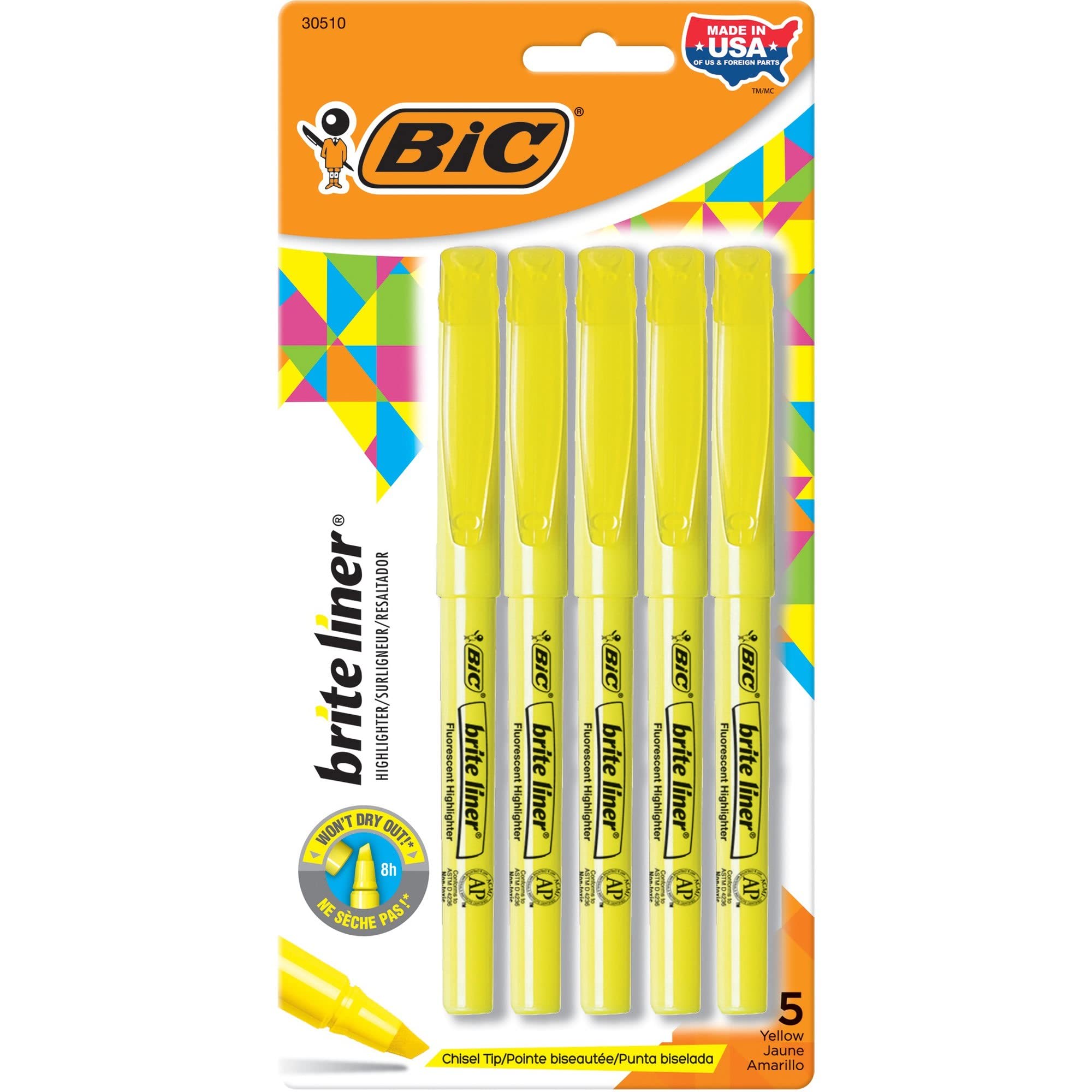 Foto 7 pulgar | Highlighters Bic Brite Liner Chisel Point Yellow  Paquete De 5 - Venta Internacional.