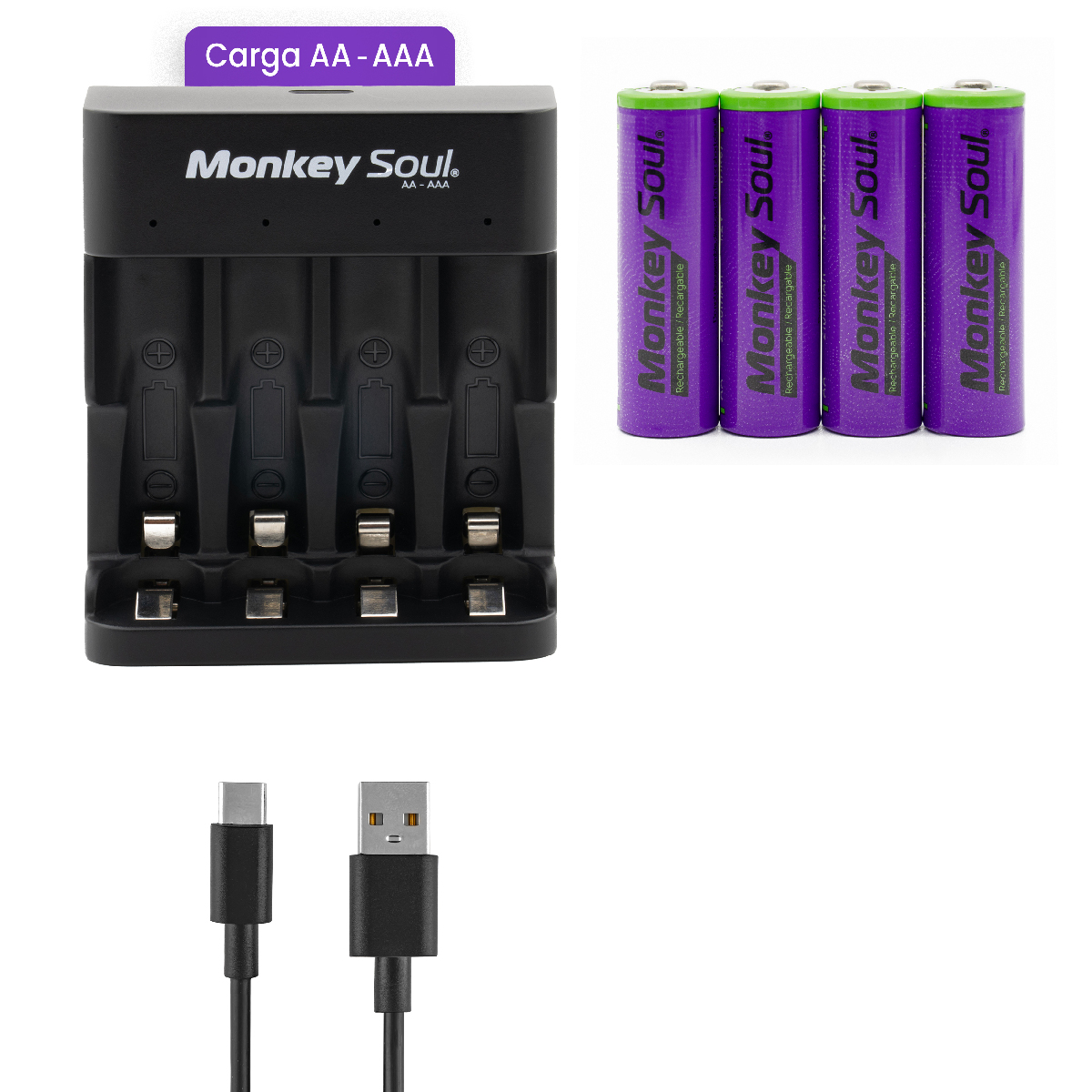Foto 1 | Cargador Pilas Baterías + 4 Aa Recargables Monkey Soul Usb-c